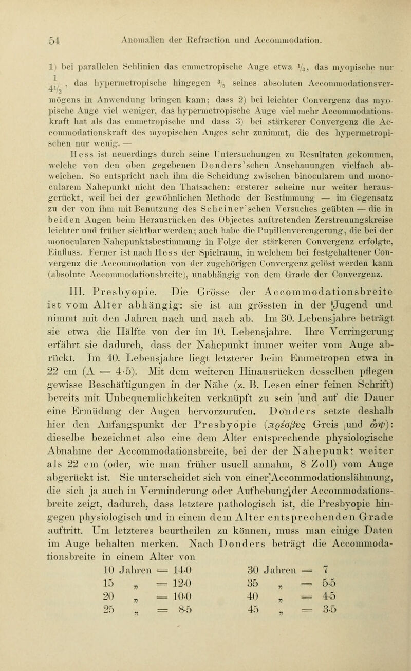 l bei parallelen Sehlinien »bis emmetropische Auge etwa i/3, das myopische nur . das hypermetropische hingegen 35 seines absoluten Accommodationsver- 4/2 mögens in Anwendung bringen kann: dass 2) bei leichter Convergenz das myo- pische Auge viel weniger, das hypermetropische Auge viel mehr Accommodations- kraft hat als das emmetropische und dass 3) bei stärkerer Convergenz die Ac- commodationskraft des myopischen Auges sehr zunimmt, die des hypermetropi- schen nur wenig-. — Hess ist neuerdings durch seine Untersuchungen zu Resultaten gekommen, welche von den oben gegebenen Donders'sehen Anschauungen vielfach ab- weichen. So entspricht nach ihm die Scheidung zwischen binocularem und niono- cularem Nahepunkt nicht den Thatsachen: ersterer scheine nur weiter heraus- gerückt, weil bei der gewöhnlichen Methode der Bestimmung — im Gegensatz zu der von ihm mit Benutzung des Scheiner'sehen Versuches geübten — die in beiden Augen beim Herausrücken des Objectes auftretenden Zerstreuungskreise leichter und früher Sichtbarwerden; auch habe die Pupillenverengerung, die bei der monocularen Nahepuhktshestimmung in Folge der stärkeren Convergenz erfolgte. Einfluss. Ferner ist nach Hess der Spielraum, in welchem bei festgehaltener Con- vergenz die Accommodation von der zugehörigen Convergenz gelöst werden kann (absolute Accommodationsbreite), unabhängig von dem Grade der Convergenz. III. Presbyopie. Die Grösse der Accomniodationsbreite ist vom Alter abhängig: sie ist am grössten in der *Jugend und nimmt mit den Jahren nach und nach ab. Im 30. Lebensjahre betraut sie etwa die Hälfte von der im 10. Lebensjahre. Ihre Verringerung erfährt sie dadurch, dass der Nahepunkt immer weiter vom Auge ab- rückt. Im 40. Lebensjahre liegt letzterer beim Emmetropen etwa in 22 cm (A = 4-5). Mit dem weiteren Hinausrücken desselben pflegen gewisse Beschäftigungen in der Nähe (z. B. Lesen einer feinen Schrift) bereits mit Unbequemlichkeiten verknüpft zu sein [und auf die Dauer eine Ermüdung der Augen hervorzurufen. Donders setzte deshalb hier den Anfangspunkt der Presbyopie (jtQtößvg Greis [und mip): dieselbe bezeichnet also eine dem Alter entsprechende physiologische Abnahme der Accommodationsbreite, bei der der Nakepunkt weiter als 22 cm (oder, wie man früher usuell annahm, 8 Zoll) vom Auge abgerückt ist. Sie unterscheidet sich von einer'Aeeommodationslähniung, die sich ja auch in Verminderung oder Aufhebung^der Accommodations- breite zeigt, dadurch, dass letztere pathologisch ist, die Presbyopie hin- gegen physiologisch und in einem dem Alter entsprechenden Grade auftritt. Um letzteres beurtheilen zu können, muss man einige Daten im Auge behalten merken. Nach Donders beträgt die Accommoda- tionsbreite in einem Alter von 10 Jahren = 140 30 Jahren = 7 15 n = 12-0 35 „ = ^ 20 „ = 10-0 4() „ = 4-5 25 = 8-5 45 = 3-5