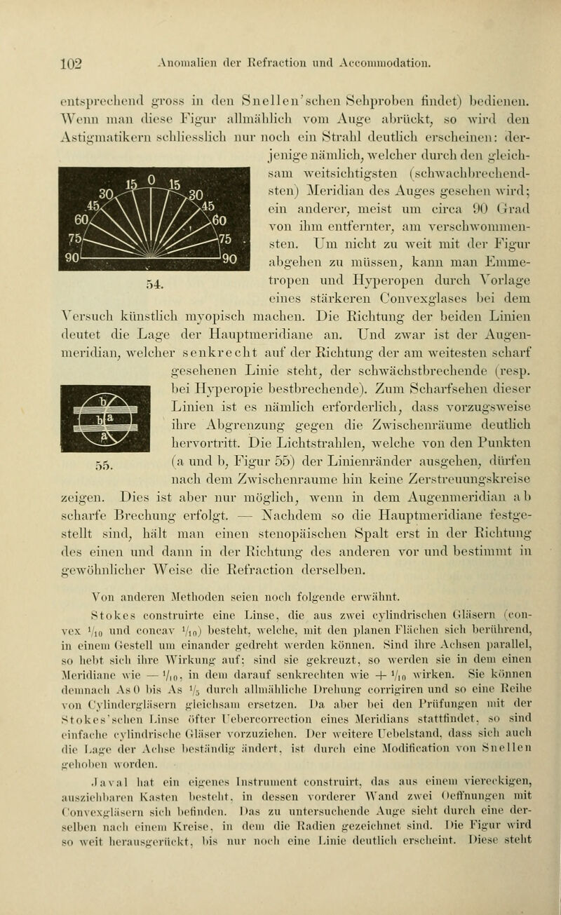 entsprechend gross in den Snellen'schen Sehproben findet) bedienen. Wenn man diese Figur allmählich vom Auge abrückt; so wird den Astigmatikern schliesslich nur noch ein Strahl deutlich erscheinen: der- jenige nämlich; welcher durch den gleich- sam weitsichtigsten (schwachbrechend- sten) Meridian des Auges gesehen wird; ein anderer, meist um circa 90 Grad von ihm entfernter; am verschwommen- sten. Um nicht zu weit mit der Figur abgehen zu müssen, kann man Emine- tropen und Hyperopen durch Vorlage eines stärkeren Convexglases hei dem Versuch künstlich myopisch machen. Die Richtung der beiden Linien deutet die Lage der Hauptmeridiane an. Und zwar ist der Augen- meridian; welcher senkrecht auf der Richtung der am weitesten scharf gesehenen Linie steht, der schwächstbrechende (resp. bei Hyperopie bestbrechende). Zum Scharfsehen dieser Linien ist es nämlich erforderlich, dass vorzugsweise ihre Abgrenzung gegen die Zwischenräume deutlich hervortritt. Die Lichtstrahlen, welche von den Punkten (a und b, Figur 55) der Linienränder ausgehen, dürfen nach dem Zwischenräume hin keine Zerstreuungskreise zeigen. Dies ist aber nur möglich, wenn in dem Augenmeridian ab scharfe Brechung erfolgt. - - Nachdem so die Hauptmeridiane festge- stellt sind, hält man einen stenopäischen Spalt erst in der Richtung des einen und dann in der Richtung des anderen vor und bestimmt in gewöhnlicher Weise die Refraction derselben. Von anderen Methoden seien noch folgende erwähnt. Stokes eonstruirte eine Linse, die aus zwei cylindrischen Gläsern (con- vex. Vio und concav Vin) besteht, welche, mit den planen Flächen sich berührend, in einem Geßtell um einander gedreht werden können. Sind ihre Achsen parallel, so hebt sich ihre Wirkung auf: sind sie gekreuzt, so werden sie in dem einen Meridiane wie — Vio- in dem darauf senkrechten wie + Vin wirken. Sie können demnach AsO bis As 1/5 durch allmähliche Drehung corrigirenund so eine Reihe von Cylindergläsern gleichsam ersetzen. I>a aber bei den Prüfungen mit der Stokes'schen Linse öfter Uebercorrection eines Meridians stattfindet, so sind einfache cylindrische Gläser vorzuziehen. Der weitere Uebelstand, dass sich auch die Lage der Achse beständig ändert, ist durch eine Modification von Snellen gehobeil worden. Java! hat ein eigenes Instrument construkt, das ans einem viereckigen, ausziehbaren Kasten besteht, in dessen vorderer Wand zwei Oeffnungen mit Convexgläsern sich befinden. Das zu untersuchende Auge sieht durch eine der- selben nach einem Kreise, in dem die Radien gezeichnet sind. I >ie Figur wird so weit herausgerückt, bis nur noch eine Linie deutlich erscheint. Diese steht