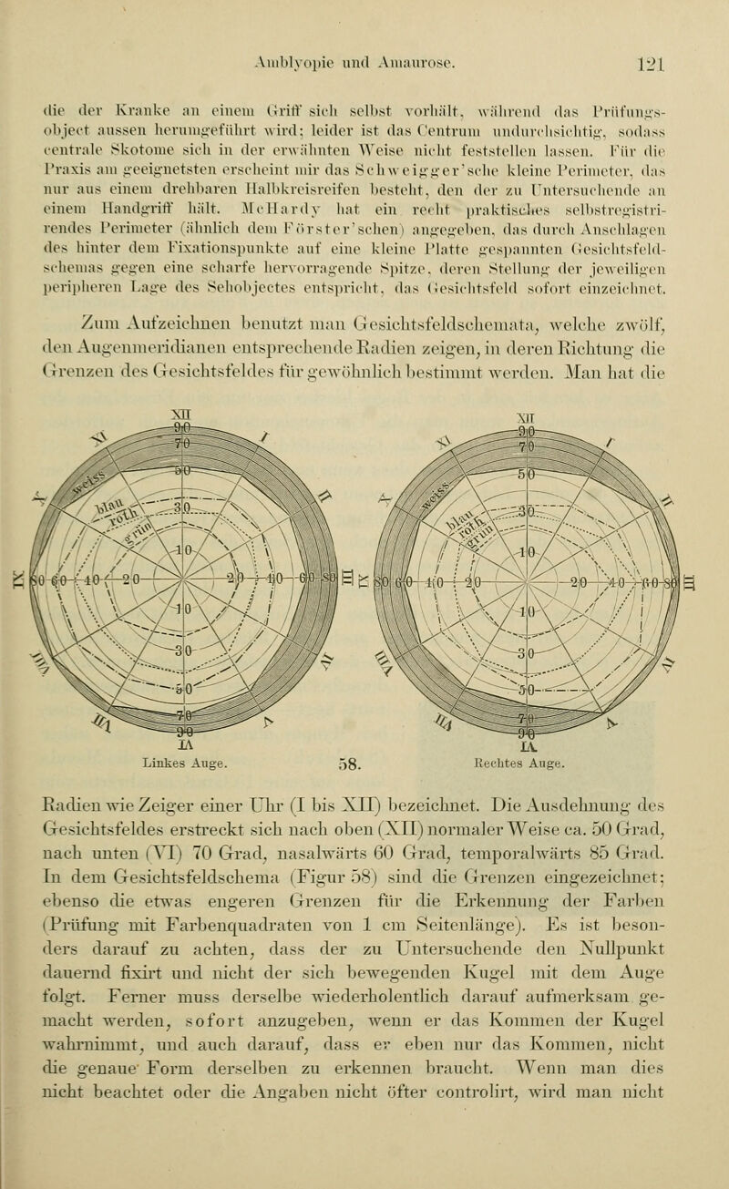 die der Kranke an einem Griff sich .selbst vorhält, während das Prüfungs- objeet aussen herumgeführt wird: leider ist das Centrum undurchsichtig, sodass centrale Skotome sieh in der erwähnten Weise nicht feststellen lassen. Für die Praxis am geeignetsten erseheint mir das Schw eigger'sche kleine Perimeter, das nur aus einem drehbaren Halbkreisreifen besteht, den der zn Untersuchende an einem Handgriff hält. McHardy hat ein reeh't praktisches selbstregistri- rendes Perimeter (ähnlich dem Förster'schen) angegeben, das durch Anschlagen des hinter dem Fixationspunkte auf eine kleine Platte gespannten Gesicktsfeld- schemas gegen eine scharfe hervorragende Spitze, deren Stellung der jeweiligen peripheren Lage des Sehobjectes entspricht, das Gesichtsfeld sofort einzeichnet. Zum Aufzeichnen benutzt man Gesiehtsfeldschemata, welche zwölf, denAugenmeridianen entspreclicnde Radion zeigen, in deren Richtung- die ( rrenzen des (J-esichtsfeldes fürgewöbnlich bestimmt werden. Man hat die IA Linkes Auge. 08. IA. Rechtes Auge. Radien Avie Zeiger einer Uhr (I bis XII) bezeichnet. Die Ausdehnung des Gesichtsfeldes erstreckt sich nach oben (XII) normaler Weise ca. 50 Grad, nach unten (VI) 70 Grad, nasalwärts 60 Grad, temporalwärts 85 Grad. In dem Gesichtsfeldschema (Figur 58) sind die Grenzen eingezeichnet; ebenso die etwas engeren Grenzen für die Erkennung der Farben (Prüfung mit Farbenquadraten von 1 cm Seitenlange). Es ist beson- ders darauf zu achten, dass der zu Untersuchende den Nullpunkt dauernd fixirt und nicht der sich bewegenden Kugel mit dem Auge folgt. Ferner muss derselbe wiederholentlich darauf aufmerksam ge- macht werden, sofort anzugeben, wenn er das Kommen der Kugel Avalirnimmt, und auch darauf, dass er eben nur das Kommen, nicht die genaue Form derselben zu erkennen braucht. Wenn man dies nicht beachtet oder die Angaben nicht öfter controlirt, wird man nicht