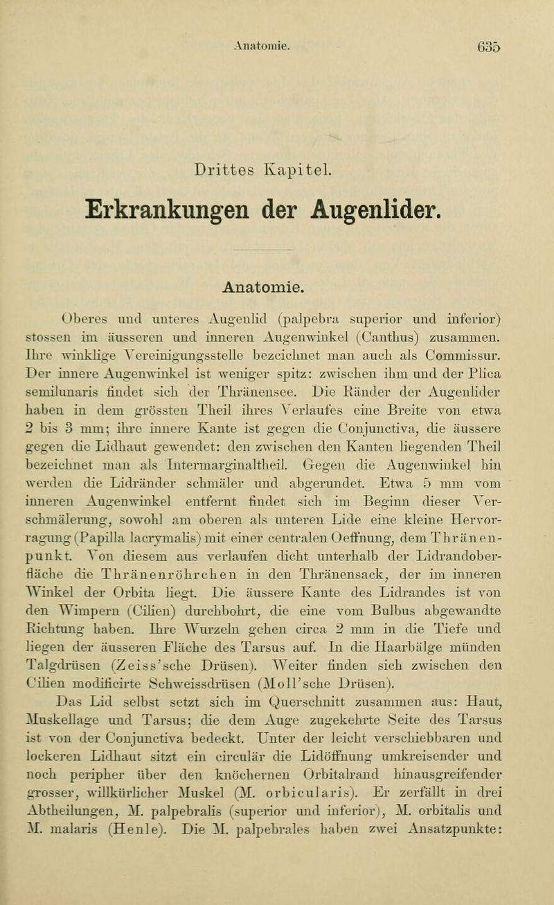 Drittes Kapitel. Erkrankungen der Augenlider. Anatomie. Oberes und unteres Augenlid (palpebra superior und inferior) stossen im äusseren und inneren Augenwinkel (Cantkus) zusammen. Ihre winklige Vereinigungsstelle bezeichnet man auch als Commissur. Der innere Augenwinkel ist weniger spitz: zwischen ihm und der Plica semilunaris rindet sich der Thränensee. Die Ränder der Augenlider haben in dem grössten Theil ihres Verlaufes eine Breite von etwa 2 bis 3 mm; ihre innere Kante ist gegen die Conjunctivae die äussere gegen die Lidhaut gewendet: den zwischen den Kanten liegenden Theil bezeichnet man als Intermarginaltheil. Gegen die Augenwinkel hin werden die Lidränder schmäler und abgerundet. Etwa 5 mm vom inneren Augenwinkel entfernt findet sich im Beginn dieser Ver- schmälerimg, sowohl am oberen als unteren Lide eine kleine Hervor- ragung (Papilla lacrimalis) mit einer centralen Oeffnung, demThränen- punkt. Von diesem aus verlaufen dicht unterhalb der Lidrandober- fläche die Thränenröhrchen in den Thränensack, der im inneren Winkel der Orbita liegt. Die äussere Kante des Lidrandes ist von den Wimpern (Cilien) durchbohrt, die eine vom Bulbus abgewandte Richtung haben. Ihre Wurzeln gehen circa 2 mm in die Tiefe und liegen der äusseren Fläche des Tarsus auf. In die Haarbälge münden Talgdrüsen (Zeiss'sehe Drüsen). Weiter finden sich zwischen den Cilien modificirte Schweissdrüsen (Mo 11'sehe Drüsen). Das Lid selbst setzt sich im Querschnitt zusammen aus: Haut, Muskellage und Tarsus; die dem Auge zugekehrte Seite des Tarsus ist von der Conjunctiva bedeckt. Unter der leicht verschiebbaren und lockeren Lidhaut sitzt ein circulär die Lidöffnung umkreisender und noch peripher über den knöchernen Orbitalrand hinausgreifender grosser, willkürlicher Muskel (M. orbicularis). Er zerfällt in drei Abtheilungen, M. palpebralis (superior und inferior), M. orbitalis und M. malaris (Henle). Die M. palpebrales haben zwei Ansatzpunkte: