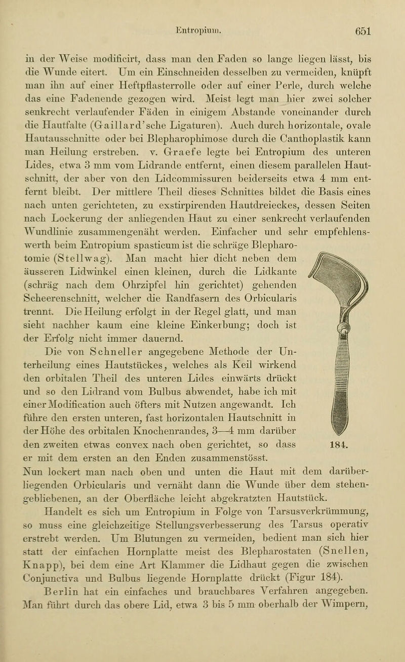 in der Weise moditieirt, dass man den Faden so lange liegen lässt, bis die Wunde eitert. Um ein Einselmeiden desselben zu vermeiden, knüpft man ihn auf einer Heftpflasterrolle oder auf einer Perle, durch welche das eine Fadenende gezogen wird. Meist legt man hier zwei solcher senkrecht verlaufender Fäden in einigem Abstände voneinander durch die Hautfalte (Gaillard'sehe Ligaturen). Auch durch horizontale, ovale Hautausschnitte oder bei Blepharophimose durch die Canthoplastik kann man Heilung erstreben, v. Graefe legte bei Entropium des unteren Lides, etwa 3 mm vom Lidrande entfernt, einen diesem parallelen Haut- schnitt, der aber von den Lidcommissuren beiderseits etwa 4 mm ent- fernt bleibt. Der mittlere Theil dieses Schnittes bildet die Basis eines nach unten gerichteten, zu exstirpirenden Hautdreieckes, dessen Seiten nach Lockerimg der anliegenden Haut zu einer senkrecht verlaufenden Wundlinie zusammengenäht werden. Einfacher und sehr empfehlens- werth beim Entropium spasticum ist die schräge Blepharo- tomie (Stellwag). Man macht hier dicht neben dem äusseren Lidwinkel einen kleinen, durch die Lidkante (schräg nach dem Ohrzipfel hin gerichtet) gehenden Scheerenschnitt, welcher die Randfasern des Orbicularis trennt. Die Heilung erfolgt in der Regel glatt, und man sieht nachher kaum eine kleine Einkerbung; doch ist der Erfolg nicht immer dauernd. Die von Schneller angegebene Methode der Un- terheilung eines Hautstückes, welches als Keil wirkend den orbitalen Theil des unteren Lides einwärts drückt und so den Lidrand vom Bulbus abwendet, habe ich mit einer Modification auch öfters mit Nutzen angewandt. Ich führe den ersten unteren, fast horizontalen Hautschnitt in der Höhe des orbitalen Knochenrandes, 3—4 mm darüber den zweiten etwas convex nach oben gerichtet, so dass er mit dem ersten an den Enden zusammenstösst. Nun lockert man nach oben und unten die Haut mit dem darüber- liegenden Orbicularis und vernäht dann die Wunde über dem stehen- gebliebenen, an der Oberfläche leicht abgekratzten Hautstück. Handelt es sich um Entropium in Folge von Tarsusverkrümmung, so muss eine gleichzeitige Stellungsverbesserung des Tarsus operativ erstrebt werden. Um Blutungen zu vermeiden, bedient man sich hier >tatt der einfachen Hornplatte meist des Blepharostaten (Snellen, Knapp), bei dem eine Art Klammer die Lidhaut gegen die zwischen Conjunctiva und Bulbus Kegende Hornplatte drückt (Figur 184). Berlin hat ein einfaches und brauchbares Verfahren angegeben. Man fuhrt durch das obere Lid, etwa 3 bis 5 mm oberhalb der Wimpern, 184.