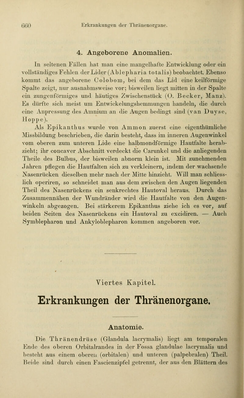 4. Angeborene Anomalien. In seltenen Fällen hat man eine mangelhafte Entwicklung oder ein vollständiges Fehlen der Lider (Ablepharia totalis) beobachtet. Ebenso kommt das angeborene Coloboin, bei dem das Lid eine keilförmige Spalte zeigt, nur ausnahmsweise vor; bisweilen liegt mitten in der Spalte ein zungenförmiges und häutiges Zwischenstück (Ö. Becker, Manz). Es dürfte sich meist um Entwickelungshemmungen handeln, die durch eine Anpressung des Amnium an die Augen bedingt sind (van Duyse. Hoppe). Als Epikanthus wurde von Ammon zuerst eine eigenthümliche Missbildung beschrieben, die darin besteht, dass im inneren Augenwinkel vom oberen zum unteren Lide eine halbmondförmige Hautfalte herab- zieht; ihr concaver Abschnitt verdeckt die Carunkel und die anliegenden Theile des Bulbus, der bisweilen abnorm klein ist. Mit zunehmenden Jahren pflegen die Hautfalten sich zu verkleinern, indem der wachsende Nasenrücken dieselben mehr nach der Mitte hinzieht. Will man schliess- lich operiren, so schneidet man aus dem zwischen den Augen liegenden Theil des Nasenrückens ein senkrechtes Hautoval heraus. Durch das Zusammennähen der Wundränder wird die Hautfalte von den Augen- winkeln abgezogen. Bei stärkerem Epikanthus ziehe ich es vor, auf beiden Seiten des Nasenrückens ein Hautoval zu excidiren. — Auch Symblepharon und Ankyloblepharon kommen angeboren vor. Viertes Kapitel. Erkrankungen der Thränenorgane, Anatomie. Die Thränendrüse (Glandula lacrymalis) liegt am temporalen Ende des oberen Orbitalrandes in der Fossa glandulae lacrymalis und besteht aus einem oberen (orbitalen) und unteren (palpebralen) Theil. Beide sind durch einen Fascienzipfel getrennt, der aus den Blättern des