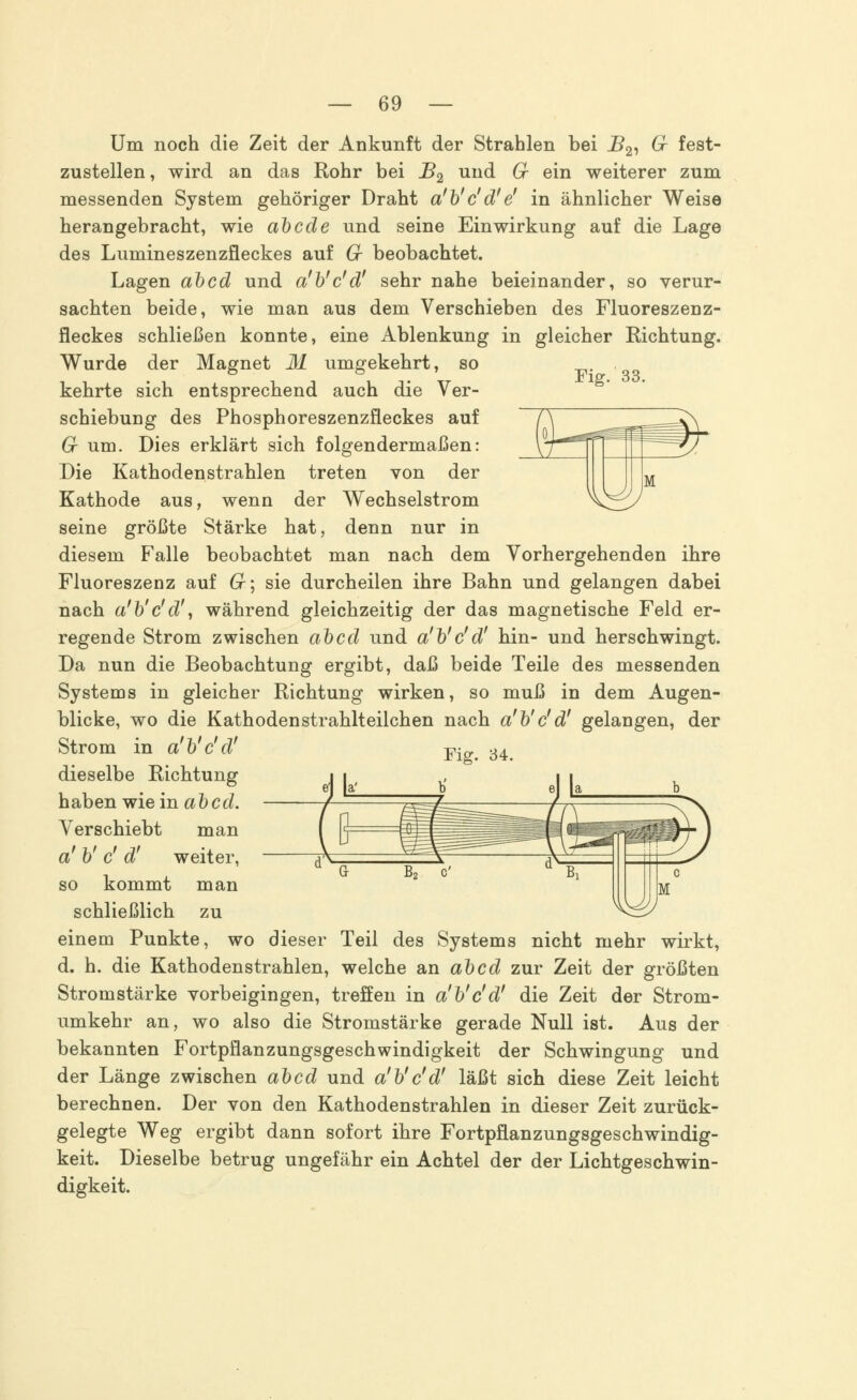 Fig.'33. X^J Um noch die Zeit der Ankunft der Strahlen bei _Z?2, G fest- zustellen, wird an das Rohr bei B2 und G ein weiterer zum messenden System gehöriger Draht a'b'c'd'e' in ähnlicher Weise herangebracht, wie abcde und seine Einwirkung auf die Lage des Lumineszenzfleckes auf G beobachtet. Lagen abcd und a'b'c'd' sehr nahe beieinander, so verur- sachten beide, wie man aus dem Verschieben des Fluoreszenz- fleckes schließen konnte, eine Ablenkung in gleicher Richtung. Wurde der Magnet M umgekehrt, so kehrte sich entsprechend auch die Ver- schiebung des Phosphoreszenzfleckes auf G um. Dies erklärt sich folgendermaßen: Die Kathodenstrahlen treten von der Kathode aus, wenn der Wechselstrom seine größte Stärke hat, denn nur in diesem Falle beobachtet man nach dem Vorhergehenden ihre Fluoreszenz auf 6r; sie durcheilen ihre Bahn und gelangen dabei nach a'b'c'd', während gleichzeitig der das magnetische Feld er- regende Strom zwischen abcd und a'b'c'd' hin- und herschwingt. Da nun die Beobachtung ergibt, daß beide Teile des messenden Systems in gleicher Richtung wirken, so muß in dem Augen- blicke, wo die Kathodenstrahlteilchen nach a'b'c'd' gelangen, der Strom in a'b'c'd' Fig 34 dieselbe Richtung haben wie in abcd. Verschiebt man a! b' c' d! weiter, so kommt man schließlich zu einem Punkte, wo dieser Teil des Systems nicht mehr wirkt, d. h. die Kathodenstrahlen, welche an abcd zur Zeit der größten Stromstärke vorbeigingen, treffen in a'b'c'd' die Zeit der Strom- umkehr an, wo also die Stromstärke gerade Null ist. Aus der bekannten Fortpflanzungsgeschwindigkeit der Schwingung und der Länge zwischen abcd und a'b'c'd' läßt sich diese Zeit leicht berechnen. Der von den Kathodenstrahlen in dieser Zeit zurück- gelegte Weg ergibt dann sofort ihre Fortpflanzungsgeschwindig- keit. Dieselbe betrug ungefähr ein Achtel der der Lichtgeschwin- digkeit.