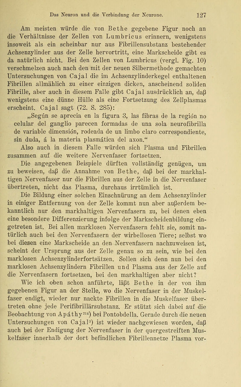 Am meisten würde die von Bethe gegebene Figur noch an die Verhältnisse der Zellen von Lumbricns erinnern, wenigstens insoweit als ein scheinbar nur aus Fibrillensubstanz bestehender Achsenzylinder aus der Zelle hervortritt, eine Markscheide gibt es da natürlich nicht. Bei den Zellen von Lumbricus (vergl. Fig. 10) verschmelzen auch nach den mit der neuen Silbermethode gemachten Untersuchungen von Cajal die im Achsenzylinderkegel enthaltenen Fibrillen allmählich zu einer einzigen dicken, anscheinend soliden Fibrille, aber auch in diesem Falle gibt Cajal ausdrücklich an, daß wenigstens eine dünne Hülle als eine Fortsetzung des Zellplasmas erscheint. Cajal sagt (72. S. 285): „Segün se aprecia en la figura 3, las fibras de la regiön no celular del ganglio parecen formadas de una sola neurofibrilla de variable dimensiön, rodeada de un limbo claro correspondiente, sin duda, ä la materia plasmätica del axon. Also auch in diesem Falle würden sich Plasma und Fibrillen zusammen auf die weitere Nervenfaser fortsetzen. Die angegebenen Beispiele dürften vollständig genügen, um zu beweisen, daß die Annahme von Bethe, daß bei der markhal- tigen Nervenfaser nur die Fibrillen aus der Zelle in die Nervenfaser übertreten, nicht das Plasma, durchaus irrtümlich ist. Die Bildung einer solchen Einschnürung an dem Achsenzylinder in einiger Entfernung von der Zelle kommt nun aber außerdem be- kanntlich nur den markhaltigen Nervenfasern zu, bei denen eben eine besondere Differenzierung infolge der Markscheidenbildung ein- getreten ist. Bei allen marklosen Nervenfasern fehlt sie, somit na- türlich auch bei den Nervenfasern der wirbellosen Tiere; selbst wo bei diesen eine Markscheide an den Nervenfasern nachzuweisen ist, scheint der Ursprung aus der Zelle genau so zu sein, wie bei den marklosen Achsenzylinderfortsätzen. Sollen sich denn nun bei den marklosen Achsenzylindern Fibrillen und Plasma aus der Zelle auf die Nervenfasern fortsetzen, bei den markhaltigen aber nicht? Wie ich oben schon anführte, läßt Bethe in der von ihm gegebenen Figur an der Stelle, wo die Nervenfaser in der Muskel- faser endigt, wieder nur nackte Fibrillen in die Muskelfaser über- treten ohne jede Perifibrillärsubstanz. Er stützt sich dabei auf die Beobachtung von Apäthysi*) bei Pontobdella. Gerade durch die neuen Untersuchungen von CajaP) ist wieder nachgewiesen worden, daß auch bei der Endigung der Nervenfaser in der quergestreiften Mus- kelfaser innerhalb der dort befindlichen Fibrillennetze Plasma vor-