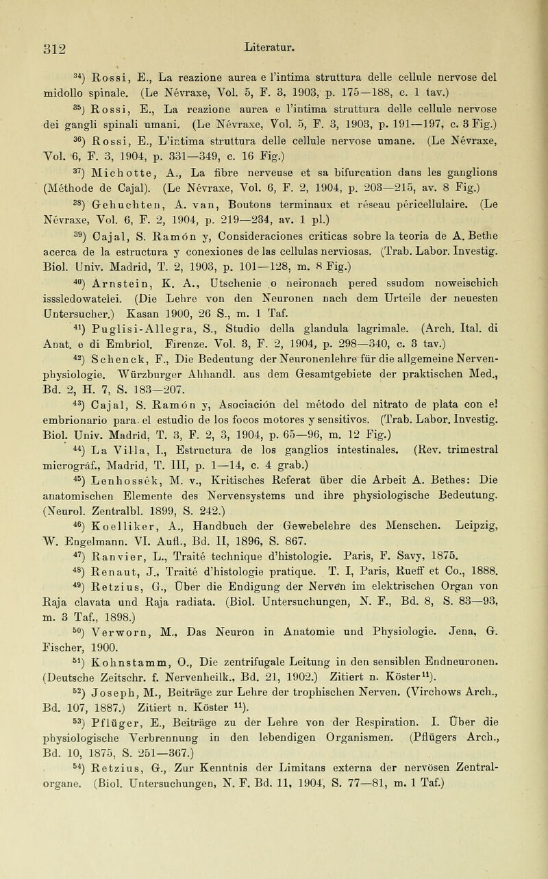 ^*) Rossi, E., La reazione aurea e rintima struttura delle cellule nervöse del midollo spinale. (Le Nevraxe, Vol. 5, F. 3, 1903, p. 175—188, c. 1 tav.) ^^) Rossi, E., La reazione aurea e l'intima struttura delle cellule nervöse dei gangli spinali umani. (Le Nevraxe, Vol. 5, F. 8, 1903, p. 191—197, c. 8 Fig.) 3^) Rossi, E., L'intima struttura delle cellule nervöse umane. (Le Nevraxe, Vol. 6, F. 3, 1904, p. 381—349, c. 16 Fig.) ^'^) Michotte, A., La fibre nerveuse et sa bifurcation dans les ganglions (Methode de Oajal). (Le Nevraxe, Vol. 6, F. 2, 1904, p. 203—215, av. 8 Fig.) ^^) Gebuchten, A. van, Boutons terminaux et reseau pericellulaire. (Le Nevraxe, Vol. 6, F. 2, 1904, p. 219—234, av. 1 pl.) ^^) Cajal, S. Ramön y, Consideraciones criticas sobre la teoria de A. Bethe acerca de la estructura y conexiones de las cellulas nerviosas. (Trab. Labor. Investig. Biol. Univ. Madrid, T. 2, 1908, p. 101—128, m. 8 Fig.) *) Arnstein, K. A., Utschenie o neironach pered ssudom noweischich isssledowateiei. (Die Lehre von den Neuronen nach dem Urteile der neuesten LJntersucher.) Kasan 1900, 26 S., m. 1 Taf. *') Puglisi-Allegra, S., Studio della glandula lagrimale. (Arch. Ital. di Anat. e di Embriol. Firenze. Vol. 3, F. 2, 1904, p. 298—340, c. 3 tav.) ■*2) Schenck, F., Die Bedeutung der Neuronenlehre für die allgemeine Nerven- physiologie. Würzburger Ahhandl. aus dem Gesamtgebiete der praktischen Med., Bd. 2, H. 7, S. 183—207. *^) Cajal, S. Ramön y, Asociaciön del metodo del nitrato de plata con e! embrionario para- el estudio de los focos motores y sensitives. (Trab. Labor. Investig. Biol. Univ. Madrid, T. 3, F. 2, 3, 1904, p. 65—96, m. 12 Fig.) ^*) La Villa, L, Estructura de los ganglios intestinales. (Rev. trimestral microgräf., Madrid, T. III, p. 1^14, c. 4 grab.) ^^) Lenhossek, M. v., Kritisches Referat über die Arbeit A. Bethes: Die anatomischen Elemente des Nervensystems und ihre physiologische Bedeutung. (Neurol. Zentralbl. 1899, S. 242.) ^^) Koelliker, A., Handbuch der Gewebelehre des Menschen. Leipzig, W. Engelmann. VL Aufl., Bd. II, 1896, S. 867. ■*'') Ran vi er, L., Traite technique d'histologie. Paris, F. Savy, 1875. 48) Renaut, J., Traite d'histologie pratique. T. I, Paris, Rueff et Co., 1888. *^) Retzius, G., Über die Endigung der Nervön im elektrischen Organ von Raja clavata und Raja radiata. (Biol. Untersuchungen, N. F., Bd. 8, S. 83—98, m. 3 Taf., 1898.) ^^) Verworn, M,, Das Neuron in Anatomie und Physiologie. Jena, G. Fischer, 1900. ^*) Kohnstamm, 0., Die zentrifugale Leitung in den sensiblen Endneuronen. (Deutsche Zeitschr. f. Nervenheilk., Bd. 21, 1902.) Zitiert n. Köster). ^2) Joseph, M., Beiträge zur Lehre der trophischen Nerven. (Virchows Arch., Bd. 107, 1887.) Zitiert n. Köster ). ^3) Pflüger, E., Beiträge zu der Lehre von der Respiration. I. Über die physiologische Verbrennung in den lebendigen Organismen. (Pflügers Arch., Bd. 10, 1875, S. 251—367.) ^*) Retzius, G., Zur Kenntnis der Limitans externa der nervösen Zentral- organe. (Biol. Untersuchungen, N. F. Bd. 11, 1904, S. 77—81, m. 1 Taf.)