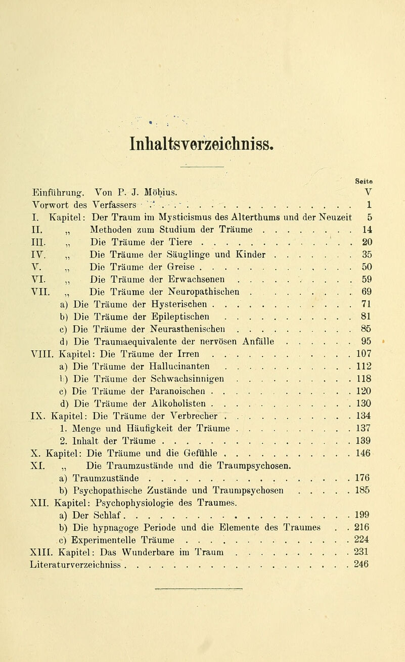 Inhalts verzeichni ss. Seite Einführung. Von P. J. Möbius. V Vorwort des Verfassers .' . . 1 I. Kapitel: Der Traum im Mysticismus des Alterthums und der Neuzeit 5 II. „ Methoden zum Studium der Träume 14 III. „ Die Träume der Tiere 20 IV. „ Die Träume der Säuglinge und Kinder 35 V. „ Die Träume der Greise 50 VI. „ Die Träume der Erwachsenen 59 VII. „ Die Träume der Neuropathischen 69 a) Die Träume der Hysterischen 71 b) Die Träume der Epileptischen 81 c) Die Träume der Neurasthenischen . 85 d) Die Traumaequivalente der nervösen Anfälle 95 VIII. Kapitel: Die Träume der Irren 107 a) Die Träume der Hallucinanten 112 1) Die Träume der Schwachsinnigen 118 c) Die Träume der Paranoischen 120 d) Die Träume der Alkoholisten 130 IX. Kapitel: Die Träume der Verbrecher 134 1. Menge und Häufigkeit der Träume 137 2. Inhalt der Träume 139 X. Kapitel: Die Träume und die Gefühle 146 XI. „ Die Traumzustände und die Traumpsychosen. a) Traumzustände 176 b) Psychopathische Zustände und Traumpsyehosen 185 XII. Kapitel: Psychophysiologie des Traumes. a) Der Schlaf 199 b) Die hypnagoge Periode und die Elemente des Traumes . . 216 c) Experimentelle Träume 224 XIII. Kapitel: Das Wunderbare im Traum 231 Literaturverzeichniss 246