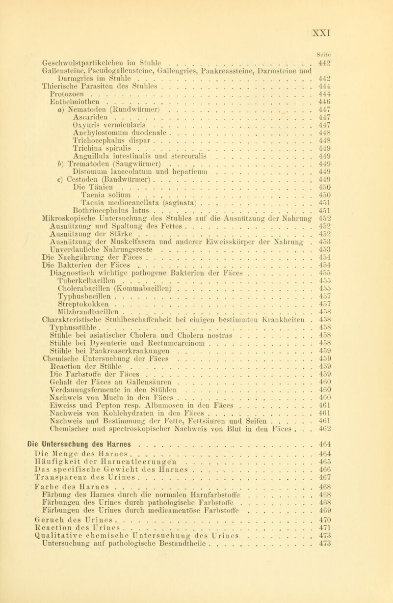 Seite Geschwulstpartikelchen im Stuhle 442 Gallensteine, Pseudogallensteine, Gallengries, Pankreassteine, Darmsteine und Darmgries im Stuhle 442 Thierische Parasiten des Stuhles 444 Protozoen 444 Enthelminthen 446 a) Nematoden (Kundwürmer) _. . . . 447 Ascariclen 447 Oxyuris vermicularis 447 Anchylostomum duodenale 448 Trichocephalus dispar 448 Trichina spiralis 449 Anguillula intestinalis und stercoralis 449 b) Trematoden (Saugwürmer) 449 Distomum lanceolatum und hepaticum . 449 c) Cestoden (Bandwürmer) 449 Die Tänien 450 Taenia solium 450 Taenia mediocanellata (saginata) 451 Bothriocephalus latus 451 Mikroskopische Untersuchung des Stuhles auf die Ausnützung der Nahrung 452 Ausnützung und Spaltung des Fettes 452 Ausnützimg der Stärke 452 Ausnützung der Muskelfasern und anderer Eiweisskörper der Nahrung . 453 Unverdauliche Nahrungsreste 453 Die Nachgährung der Fäces 454 Die Bakterien der Fäces 454 Diagnostisch wichtige pathogene Bakterien der Fäces 455 Tuberkelbacillen 455 Cholerabacillen (Kommabacillen) 455 Typhusbacillen 457 Streptokokken 457 Milzbrandbacillen 458 Charakteristische Stiüilbeschaffenheit bei einigen bestimmten Krankheiten . 458 Typhusstiihle 458 Stühle bei asiatischer Cholera und Cholera nostras 458 Stühle bei Dysenterie und Eectumcarcinom 458 Stühle bei Pankreaserkrankungen 459 Chemische Untersuchung der Fäces 459 Reaction der Stühle 459 Die Farbstoffe der Fäces 459 Gehalt der Fäces an Gallensäuren 460 Verdauungsfermente in den Stühlen 460 Nachweis von Mucin in den Fäces 460 Eiweiss und Pepton resp. Albumosen in den Fäces 461 Nachweis von Kohlehydraten in den Fäces 461 Nachweis und Bestimmung der Fette, Fettsäuren und Seifen 461 Chemischer und spectroskopischer Nachweis von Blut in den Fäces . . . 462 Die Untersuchung des Harnes 464 Die Menge des Harnes 464 Häufigkeit der Harnentleerungen 465 Das specifische Gewicht des Harnes 466 Transparenz des Urines 467 Farbe des Harnes 468 Färbung des Harnes durch die normalen Harnfarbstoffe 468 Färbungen des Urines durch pathologische Farbstoffe 468 Färbungen des Urines durch medicamentöse Farbstoffe 469 Geruch des Urines 470 Reaction des Urines 471 Qualitative chemische Untersuchung des Urines 473 Untersuchung auf pathologische Bestandtheile 473