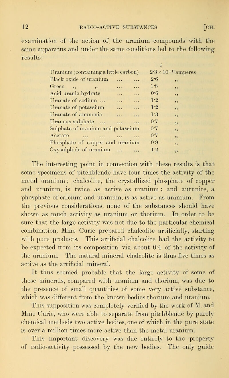 2-3 X 10 ■11 amperes 2-6 1-8 0-6 1-2 1-2 1-3 0-7 0-7 0-7 0-9 1-2 12 EADIO-ACTIVE SUBSTANCES [CH. examination of the action of the uranium compounds with the same apparatus and under the same conditions led to the following results: i Uranium (containing a little carbon) Black oxide of uranium Green „ „ Acid uranic hydrate Uranate of sodium ... Uranate of potassium Uranate of ammonia Uranous sulphate Sulphate of uranium and potassium Acetate Phosphate of copper and uranium Oxysulphide of uranium The interesting point in connection with these results is that some specimens of pitchblende have four times the activity of the metal uranium ; chalcolite, the crystallized phosphate of copper and uranium, is twice as active as uranium ; and autunite, a phosphate of calcium and uranium, is as active as uranium. From the previous considerations, none of the substances should have shown as much activity as uranium or thorium. In order to be sure that the large activity was not due to the particular chemical combination, Mme Curie prepared chalcolite artificially, starting with pure products. This artificial chalcolite had the activity to be expected from its composition, viz. about 0'4 of the activity of the uranium. The natural mineral chalcolite is thus five times as active as the artificial mineral. It thus seemed probable that the large activity of some of these minerals, compared with uranium and thorium, was due to the presence of small quantities of some very active substance, which was different from the known bodies thorium and uranium. This supposition was completely verified by the work of M. and Mme Curie, who were able to separate from pitchblende by purely chemical methods two active bodies, one of which in the pure state is over a million times more active than the metal uranium. This important discovery was due entirely to the property of radio-activity possessed by the new bodies. The only guide