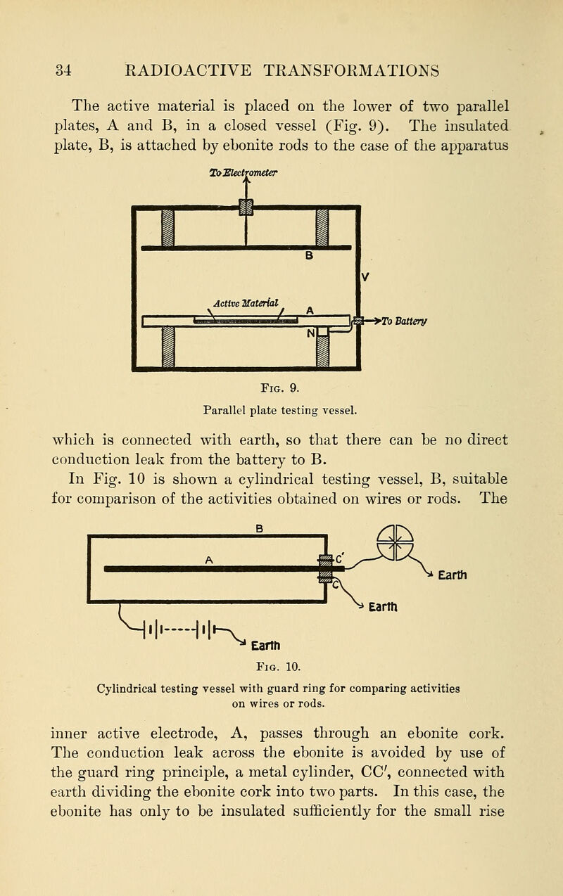 The active material is placed on the lower of two parallel plates, A and B, in a closed vessel (Fig. 9). The insulated plate, B, is attached by ebonite rods to the case of the apparatus Active Material H W~*T( 'a Battery Fig. 9. Parallel plate testing vessel. which is connected with earth, so that there can be no direct conduction leak from the battery to B. In Fig. 10 is shown a cylindrical testing vessel, B, suitable for comparison of the activities obtained on wires or rods. The H'l-H Earth Earth K Earth Fig. 10. Cylindrical testing vessel with guard ring for comparing activities on wires or rods. inner active electrode, A, passes through an ebonite cork. The conduction leak across the ebonite is avoided by use of the guard ring principle, a metal cylinder, CC, connected with earth dividing the ebonite cork into two parts. In this case, the ebonite has only to be insulated sufficiently for the small rise