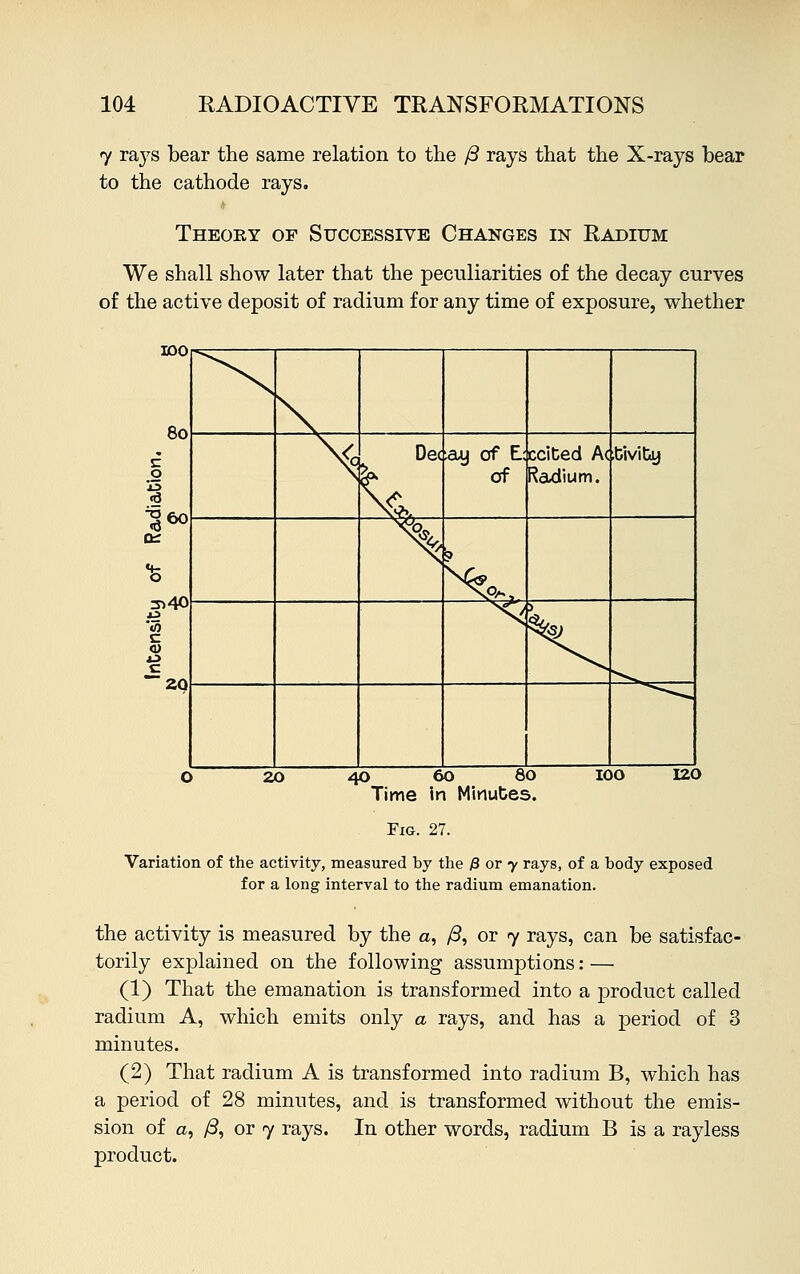 7 rays bear the same relation to the yS rays that the X-rays bear to the cathode rays. Theory of Successive Changes in Radium We shall show later that the peculiarities of the decay curves of the active deposit of radium for any time of exposure, whether 40 60 80 100 120 Time in Minutes. Fig. 27. Variation of the activity, measured by the £ or y rays, of a body exposed for a long interval to the radium emanation. the activity is measured by the a, /3, or 7 rays, can be satisfac- torily explained on the following assumptions: — (1) That the emanation is transformed into a product called radium A, which emits only a rays, and has a period of 3 minutes. (2) That radium A is transformed into radium B, which has a period of 28 minutes, and is transformed without the emis- sion of a, /3, or 7 rays. In other words, radium B is a rayless product.