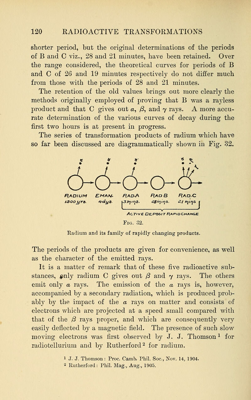shorter period, but the original determinations of the periods of B and C viz., 28 and 21 minutes, have been retained. Over the range considered, the theoretical curves for periods of B and C of 26 and 19 minutes respectively do not differ much from those with the periods of 28 and 21 minutes. The retention of the old values brings out more clearly the methods originally employed of proving that B was a rayless product and that C gives out a, /3, and 7 rays. A more accu- rate determination of the various curves of decay during the first two hours is at present in progress. The series of transformation products of radium which have so far been discussed are diagrammatically shown in Fig. 32. «f 9 S » <P » • • • > 6-6-6-0&- RADIUM EMAN. RAD./K F\AO B R.AOL.C /■SOOJjra. 4-dya. L3trjirjS. eS^jiq^- Zt rqiijs I ACTI V£ DEPOSIT FiAPlOCHAN&E Fig. 32. Radium and its family of rapidly changing products. The periods of the products are given for convenience, as well as the character of the emitted rays. It is a matter of remark that of these five radioactive sub- stances, jpnly radium C gives out ft and 7 rays. The others emit only a rays. The emission of the a rays is, however, accompanied by a secondary radiation, which is produced prob- ably by the impact of the a rays on matter and consists of electrons which are projected at a speed small compared with that of the ft rays proper, and which are consequently very easily deflected by a magnetic field. The presence of such slow moving electrons was first observed by J. J. Thomson1 for radiotellurium and by Rutherford2 for radium. 1 J. J. Thomson: Proc. Camb. Phil. Soc, Nov. 14, 1904. 2 Rutherford: Phil. Mag., Aug., 1905.
