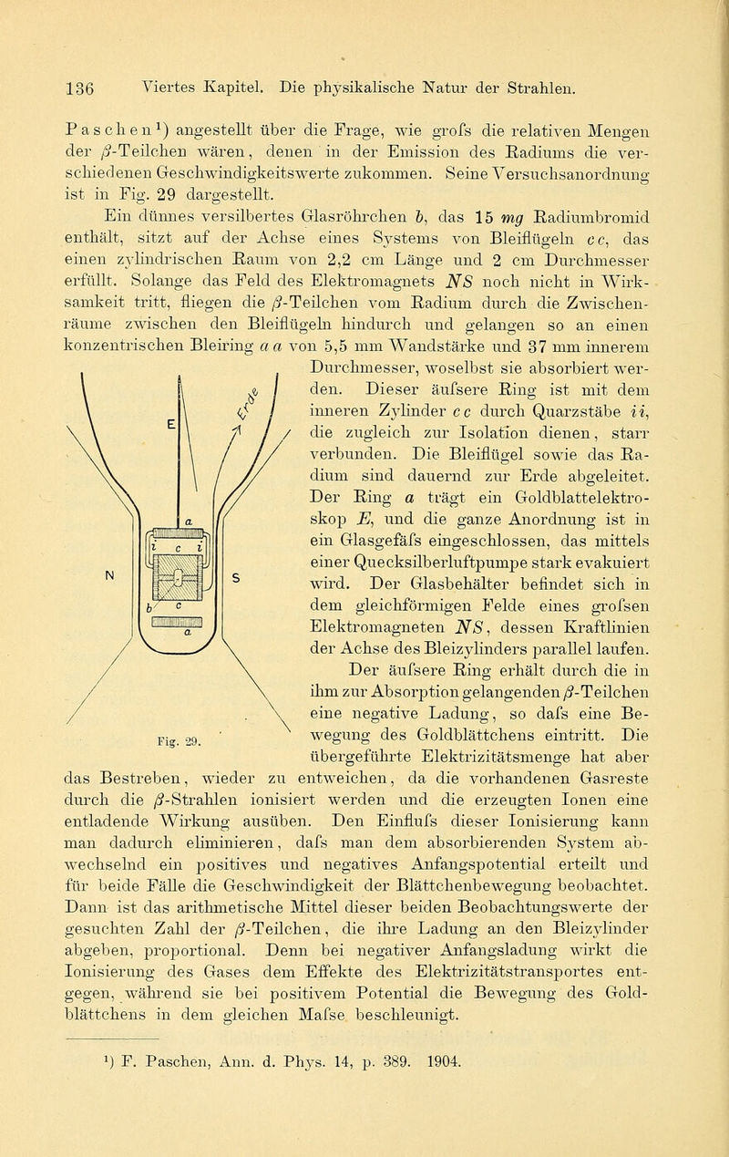 Paschen1) angestellt über die Frage, wie grofs die relativen Mengen der /5-Teilchen wären, denen in der Emission des Radiums die ver- schiedenen Geschwindigkeitswerte zukommen. Seine Versuchsanordnung ist in Fig. 29 dargestellt. Ein dünnes versilbertes Glasröhrchen &, das 15 mg Radiumbromid enthält, sitzt auf der Achse eines Systems von Bleiflügeln cc, das einen zylindrischen Raum von 2,2 cm Länge und 2 cm Durchmesser erfüllt. Solange das Feld des Elektromagnets NS noch nicht in Wirk- samkeit tritt, fliegen die /i-Teilchen vom Radium durch die Zwischen- räume zwischen den Bleiflügeln hindurch und gelangen so an einen konzentrischen Bleiring a a von 5,5 mm Wandstärke und 37 mm innerem Durchmesser, woselbst sie absorbiert wer- den. Dieser äufsere Ring ist mit dem inneren Zylinder cc durch Quarzstäbe ii, die zugleich zur Isolation dienen, starr verbunden. Die Bleiflügel sowie das Ra- dium sind dauernd zur Erde abgeleitet. Der Ring a trägt ein Goldblattelektro- skop JS, und die ganze Anordnung ist in ein Glasgefäfs eingeschlossen, das mittels einer Quecksilberluftpumpe stark evakuiert wird. Der Glasbehälter befindet sich in dem gleichförmigen Felde eines grofsen Elektromagneten NS, dessen Kraftlinien der Achse des Bleizylinders parallel laufen. Der äufsere Ring erhält durch die in ihm zur Absorption gelangenden/^-Teilchen eine negative Ladung, so dafs eine Be- wegung des Goldblättchens eintritt. Die übergeführte Elektrizitätsmenge hat aber das Bestreben, wieder zu entweichen, da die vorhandenen Gasreste durch die /^-Strahlen ionisiert werden und die erzeugten Ionen eine entladende Wirkung ausüben. Den Einflufs dieser Ionisierung kann man dadurch eliminieren, dafs man dem absorbierenden System ab- wechselnd ein positives und negatives Anfangspotential erteilt und für beide Fälle die Geschwindigkeit der Blättchenbewegung beobachtet. Dann ist das arithmetische Mittel dieser beiden Beobachtungswerte der gesuchten Zahl der ß-Teilchen, die ihre Ladung an den Bleizylinder abgeben, proportional. Denn bei negativer Anfangsladung wirkt die Ionisierung des Gases dem Effekte des Elektrizitätstransportes ent- gegen, während sie bei positivem Potential die Bewegung des Gold- blättchens in dem gleichen Mafse beschleunigt. Fig. 29. !) F. Paschen, Ann. d. Phys. 14, p. 389. 1904.