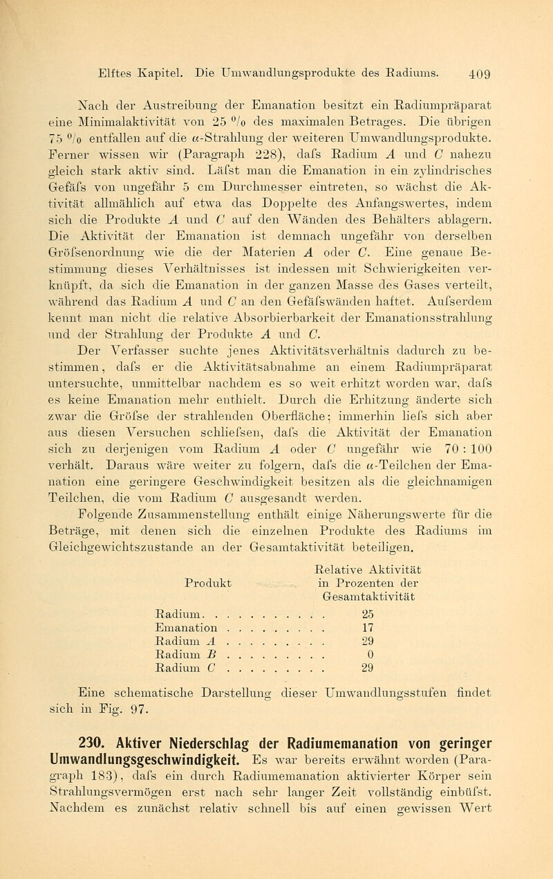 Nach der Austreibung der Emanation besitzt ein Radiunipräparat eine Minimalaktivität von 25 °/o des maximalen Betrages. Die übrigen 75 °/o entfallen auf die «-Strahlung der weiteren Umwandlungsprodukte. Ferner wissen wir (Paragraph 228), dafs Radium A und C nahezu gleich stark aktiv sind. Läfst man die Emanation in ein zylindrisches Gefäfs von ungefähr 5 cm Durchmesser eintreten, so wächst die Ak- tivität allmählich auf etwa das Doppelte des Anfangswertes, indem sich die Produkte A und G auf den Wänden des Behälters ablagern. Die Aktivität der Emanation ist demnach ungefähr von derselben Gröfsenordnung wie die der Materien A oder C. Eine genaue Be- stimmung dieses Verhältnisses ist indessen mit Schwierigkeiten ver- knüpft, da sich die Emanation in der ganzen Masse des Gases verteilt, während das Radium A und C an den Gefäfswänden haftet. Aufserdem kennt man nicht die relative Absorbierbarkeit der Emanationsstrahlung und der Strahlung der Produkte A und C. Der Verfasser suchte jenes Aktivitätsverhältnis dadurch zu be- stimmen , dafs er die Aktivitätsabnahme an einem Radnunpräparat untersuchte, unmittelbar nachdem es so weit erhitzt worden war, dafs es keine Emanation mehr enthielt. Durch die Erhitzung änderte sich zwar die Gröfse der strahlenden Oberfläche; immerhin liefs sich aber aus diesen Versuchen schliefsen, dafs die Aktivität der Emanation sich zu derjenigen vom Radium A oder C ungefähr wie 70 : 100 verhält. Daraus wäre weiter zu folgern, dafs die «-Teilchen der Ema- nation eine geringere Geschwindigkeit besitzen als die gleichnamigen Teilchen, die vom Radium C ausgesandt werden. Folgende Zusammenstellung enthält einige Näherungswerte für die Beträge, mit denen sich die einzelnen Produkte des Radiums im Gleichgewichtszustande an der Gesamtaktivität beteiligen. Relative Aktivität Produkt in Prozenten der Gesamtaktivität Radium 25 Emanation 17 Radium A 29 Radium B 0 Radium C 29 Eine schematische Darstellung dieser Umwandlungsstufen findet sich in Fig. 97. 230. Aktiver Niederschlag der Radiumemanation von geringer Umwandlungsgeschwindigkeit. Es war bereits erwähnt worden (Para- graph 183), dafs ein durch Racliumemanation aktivierter Körper sein Strahlungsvermögen erst nach sehr langer Zeit vollständig einbüfst. Nachdem es zunächst relativ schnell bis auf einen gewissen Wert