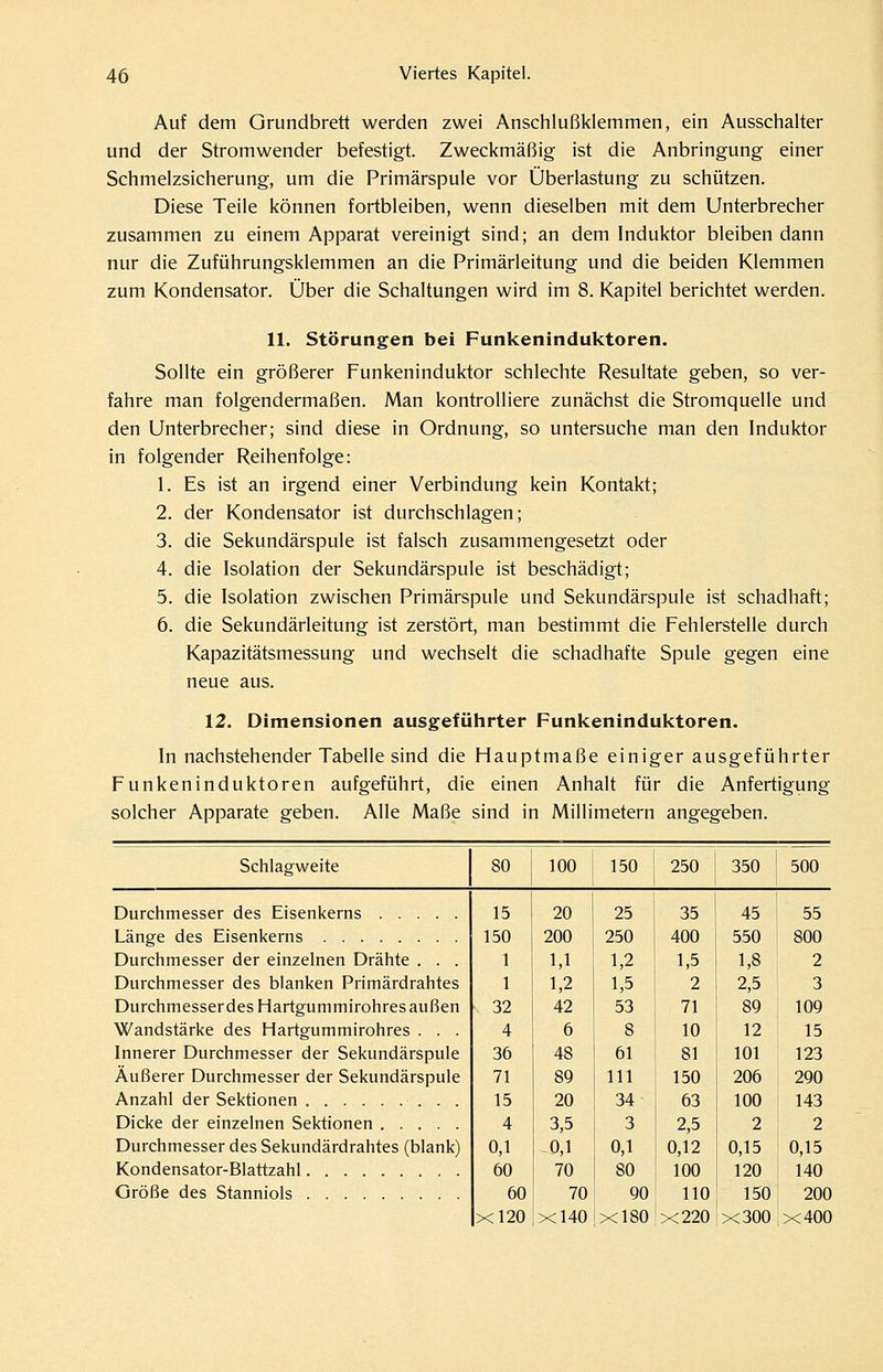 Auf dem Grundbrett werden zwei Anschlußklemmen, ein Ausschalter und der Stromwender befestigt. Zweckmäßig ist die Anbringung einer Schmelzsicherung, um die Primärspule vor Überlastung zu schützen. Diese Teile können fortbleiben, wenn dieselben mit dem Unterbrecher zusammen zu einem Apparat vereinigt sind; an dem Induktor bleiben dann nur die Zuführungsklemmen an die Primärleitung und die beiden Klemmen zum Kondensator. Über die Schaltungen wird im 8. Kapitel berichtet werden. 11. Störungen bei Funkeninduktoren. Sollte ein größerer Funkeninduktor schlechte Resultate geben, so ver- fahre man folgendermaßen. Man kontrolliere zunächst die Stromquelle und den Unterbrecher; sind diese in Ordnung, so untersuche man den Induktor in folgender Reihenfolge: 1. Es ist an irgend einer Verbindung kein Kontakt; 2. der Kondensator ist durchschlagen; 3. die Sekundärspule ist falsch zusammengesetzt oder 4. die Isolation der Sekundärspule ist beschädigt; 5. die Isolation zwischen Primärspule und Sekundärspule ist schadhaft; 6. die Sekundärleitung ist zerstört, man bestimmt die Fehlerstelle durch Kapazitätsmessung und wechselt die schadhafte Spule gegen eine neue aus. 12. Dimensionen ausgeführter Funkeninduktoren. In nachstehender Tabelle sind die Hauptmaße einiger ausgeführter Funkeninduktoren aufgeführt, die einen Anhalt für die Anfertigung solcher Apparate geben. Alle Maße sind in Millimetern angegeben. Schlag-weite 80 100 150 250 20 25 35 200 250 400 1,1 1,2 1,5 1,2 1,5 2 42 53 71 6 8 10 48 61 81 89 111 150 20 34^ 63 3,5 3 2,5 0,1 0,1 0,12 70 80 100 70 90 110 Xl40 Xl80 X220 350 500 Durchmesser des Eisenkerns Länge des Eisenkerns Durchmesser der einzelnen Drähte . . . Durchmesser des blanken Primärdrahtes Durchmesser des Hartgummirohres außen Wandstärke des Hartgummirohres . . . Innerer Durchmesser der Sekundärspule Äußerer Durchmesser der Sekundärspule Anzahl der Sektionen Dicke der einzelnen Sektionen Durchmesser des Sekundärdrahtes (blank) Kondensator-Blattzahl Größe des Stanniols 15 150 1 1 32 4 36 71 15 4 0,1 60 60 Xl20 45 550 1,8 2,5 89 12 101 206 100 2 0,15 120 150 X300 55 800 2 3 109 15 123 290 143 2 0,15 140 200 x400