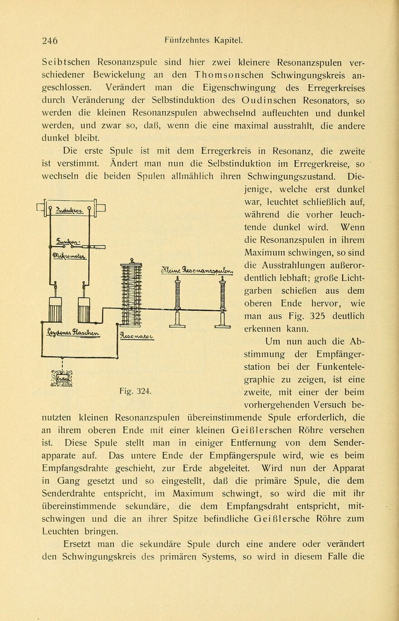 Seibtschen Resonanzspule sind hier zwei kleinere Resonanzspulen ver- schiedener Bewickelung an den Thomsonschen Schwingungskreis an- geschlossen. Verändert man die Eigenschwingung des Erregerkreises durch Veränderung der Selbstinduktion des Oudinschen Resonators, so werden die kleinen Resonanzspulen abwechselnd aufleuchten und dunkel werden, und zwar so, daß, wenn die eine maximal ausstrahlt, die andere dunkel bleibt. Die erste Spule ist mit dem Erregerkreis in Resonanz, die zweite ist verstimmt. Ändert man nun die Selbstinduktion im Erregerkreise, so wechseln die beiden Spulen allmählich ihren Schwingungszustand. Die- jenige, welche erst dunkel war, leuchtet schließlich auf, während die vorher leuch- tende dunkel wird. Wenn die Resonanzspulen in ihrem Maximum schwingen, so sind die Ausstrahlungen außeror- dentlich lebhaft; große Licht- garben schießen aus dem oberen Ende hervor, wie man aus Fig. 325 deutlich erkennen kann. Um nun auch die Ab- stimmung der Empfänger- station bei der Funkentele- graphie zu zeigen, ist eine zweite, mit einer der beim vorhergehenden Versuch be- nutzten kleinen Resonanzspulen übereinstimmende Spule erforderlich, die an ihrem oberen Ende mit einer kleinen Geißlersehen Röhre versehen ist. Diese Spule stellt man in einiger Entfernung von dem Sender- apparate auf. Das untere Ende der Empfängerspule wird, wie es beim Empfangsdrahte geschieht, zur Erde abgeleitet. Wird nun der Apparat in Gang gesetzt und so eingestellt, daß die primäre Spule, die dem Senderdrahte entspricht, im Maximum schwingt, so wird die mit ihr übereinstimmende sekundäre, die dem Empfangsdraht entspricht, mit- schwingen und die an ihrer Spitze befindliche Geißlersche Röhre zum Leuchten bringen. Ersetzt man die sekundäre Spule durch eine andere oder verändert den Schwingungskreis des primären Systems, so wird in diesem Falle die