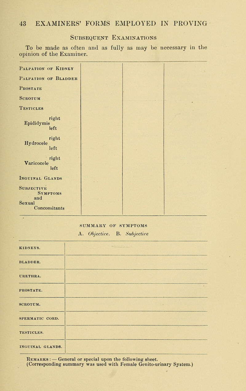 Subsequent Examinations To be made as often and as fully as may be necessary in the opinion of the Examiner. Palpation of Kidney Palpation of Bladder Prostate Scrotum Testicles right Epididymis left right Hydrocele left right Varicocele left Inguinal Glands Subjective Symptoms and Sexual Concomitants SUMMAKY OF SYMPTOMS A. Objectice. B. Subjective kidneys. bladder. URETHRA. prostate. SCROTUM. SPERMATIC CORD. TESTICLES. INGUINAL GLANDS. Remarks : — General or special upon the following sheet. (Corresponding summary was used with Female Genito-urinary System.)