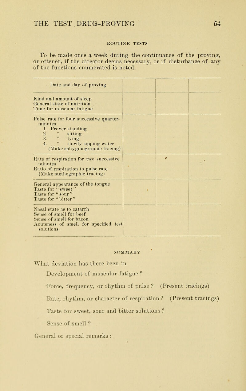 ROUTINE TESTS To be made once a week during the continuance of the proving, or oftener, if the director deems necessary, or if disturbance of any of the functions enumei-ated is noted. Date and day of proving Kind and amount of sleep General state of nutrition Time for muscular fatigue Pulse rate for four successive quarter- minutes 1. Trover standing 2.  sitting 3.  lying 4.  slowly sipping water (Make sphygniographic tracing) Rate of respiration for two successive minutes Ratio of respiration to pulse rate (Make stetliographic tracing) # • General appearance of the tongue Taste for  sweet Taste for  sour Taste for  bitter  ' Nasal state as to catarrh Sense of smell for beef Sense of smell for bacon Acuteness of smell for specified test solutions. SUMMARY What deviation has there been in Development of muscular fatigue ? Force, frequency, or rhythm of pulse? (Present tracings) Rate, rliythm, or character of respiration? (Present tracings) Taste for sweet, sour and bitter solutions ? Sense of smell ? General or special remarks :