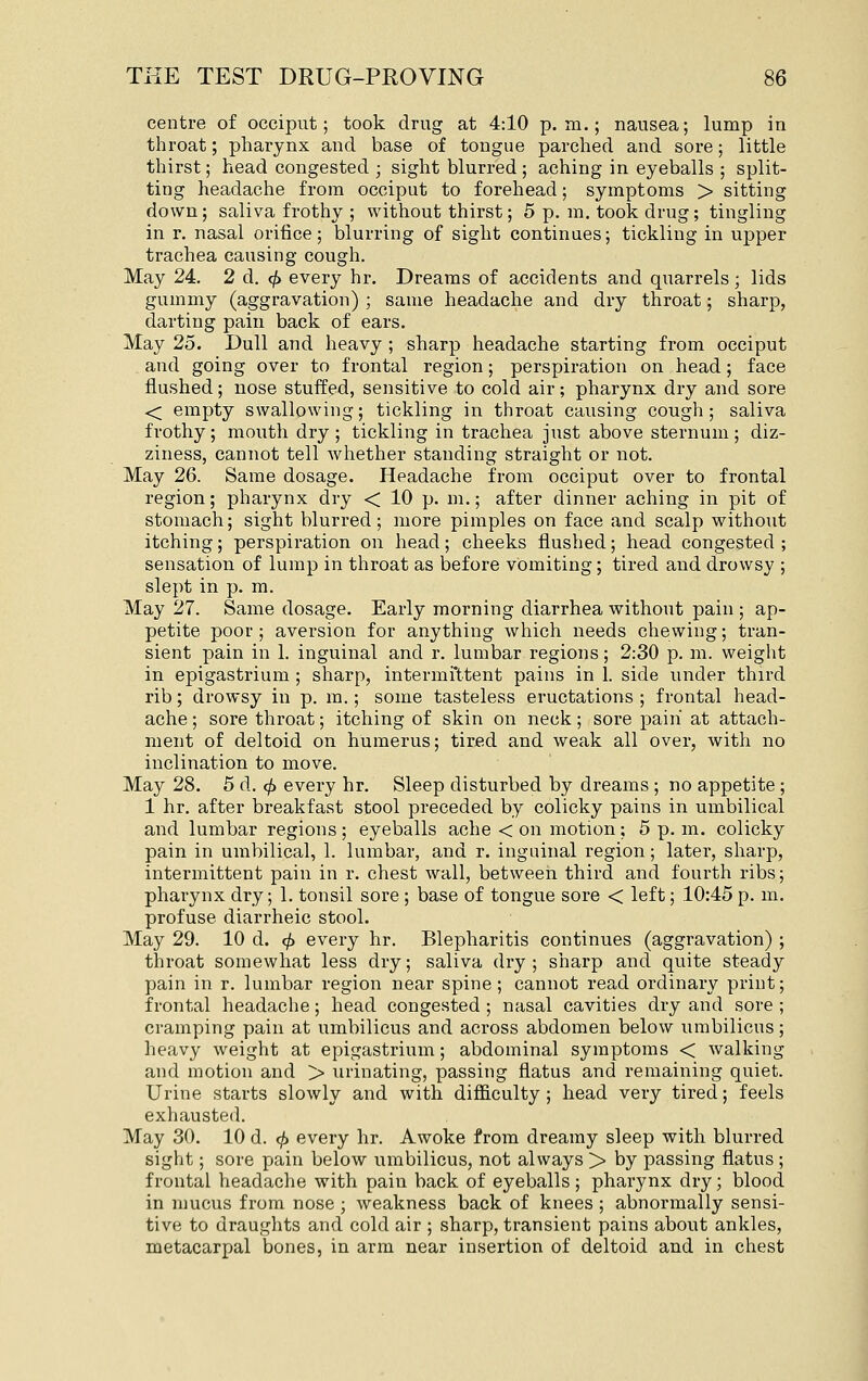 centre of occiput; took drug at 4:10 p.m.; nausea; lump in throat; pharynx and base of tongue parched and sore; little thirst; head congested ; sight blurred ; aching in eyeballs ; split- ting headache from occiput to forehead; symptoms > sitting down; saliva frothy ; without thirst; 5 p. m. took drug; tingling in r. nasal orifice; blurring of sight continues; tickling in upper trachea causing cough. May 24. 2 d. eft every hr. Dreams of accidents and quarrels; lids gummy (aggravation) ; same headache and dry throat; sharp, darting pain back of ears. May 25. Dull and heavy ; sharp headache starting from occiput and going over to frontal region; perspiration on head; face flushed; nose stuffed, sensitive to cold air; pharynx dry and sore < empty swallowing; tickling in throat causing cough; saliva frothy; mouth dry; tickling in trachea just above sternum; diz- ziness, cannot tell whether standing straight or not. May 26. Same dosage. Headache from occiput over to frontal region; pharynx dry < 10 p. m.; after dinner aching in pit of stomach; sight blurred; more pimples on face and scalp without itching; perspiration on head; cheeks flushed; head congested ; sensation of lump in throat as before vomiting; tired and drowsy ; slept in p. m. May 27. Same dosage. Early morning diarrhea without pain ; ap- petite poor ; aversion for anything which needs chewing; tran- sient pain in 1. inguinal and r. lumbar regions; 2:30 p. m. weight in epigastrium ; sharp, intermi'ttent pains in 1. side under third rib; drowsy in p. m.; some tasteless eructations ; frontal head- ache ; sore throat; itching of skin on neck; sore pain at attach- ment of deltoid on humerus; tired and weak all over, with no inclination to move. May 28. 5 d. <^ every hr. Sleep disturbed by dreams ; no appetite ; 1 hr. after breakfast stool preceded by colicky pains in umbilical and lumbar regions ; eyeballs ache < on motion; 5 p. m. colicky pain in umbilical, 1. lumbar, and r. inguinal region; later, sharp, intermittent pain in r. chest wall, between third and fourth ribs; pharynx dry; 1. tonsil sore ; base of tongue sore < left; 10:45 p. m. profuse diarrheic stool. May 29. 10 d. «/> every hr. Blepharitis continues (aggravation) ; throat somewhat less dry; saliva dry ; sharp and quite steady pain in r. lumbar region near spine; cannot read ordinary print; frontal headache; head congested ; nasal cavities dry and sore ; cramping pain at umbilicus and across abdomen below umbilicus; heavy weight at epigastrium; abdominal symptoms < walking and motion and > urinating, passing flatus and remaining quiet. Urine starts slowly and with difficulty ; head very tired; feels exhausted. May 30. 10 d. eft every hr. Awoke from dreamy sleep with blurred sight; sore pain below umbilicus, not always > by passing flatus ; frontal headache with pain back of eyeballs ; pharynx dry; blood in mucus from nose ; weakness back of knees ; abnormally sensi- tive to draughts and cold air ; sharp, transient pains about ankles, metacarpal bones, in arm near insertion of deltoid and in chest