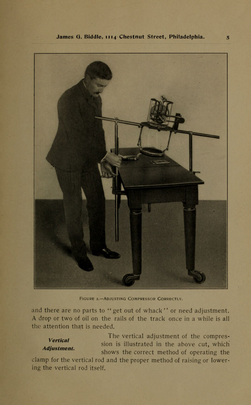 Figure 2.—Adjusting Compressor Correctly. and there are no parts to get out of whack or need adjustment. A drop or two of oil on the rails of the track once in a while is all the attention that is needed. The vertical adjustment of the compres- Vertical sion is illustrated in the above cut, which Adjustment. . ,, ,. , , ,. shows the correct method of operating the clamp for the vertical rod and the proper method of raising or lower- ing the vertical rod itself.