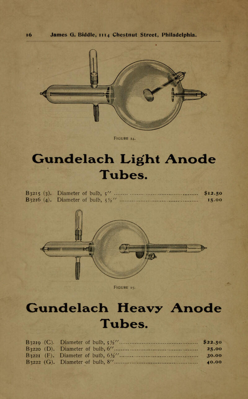 Figure 14. Gundelach Light Anode Tubes. B3215 (3). Diameter of bulb, 5 $12.50 B3216 (4). Diameter of bulb, 5^ 1500 Figure 15. Gundelach Heavy Anode Tubes. B3219 (C). Diameter of bulb, $% $22.50 B3220 (D). Diameter of bulb, 6 25.00 B3221 (F). Diameter of bulb, 6>£// 30.00 B3222 (G). Diameter of bulb, 8 40.00