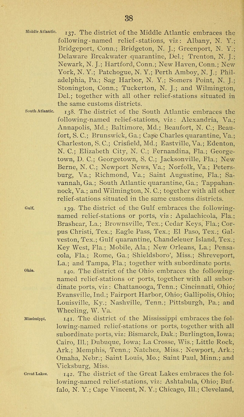 Middle Atlantic, j^y. The district of the Middle Atlantic embraces the following-- named relief-stations, viz: Albany, N. Y.; Bridgeport, Conn.; Bridgeton, N. J.; Greenport, N. Y.; Delaware Breakwater quarantine, Del.; Trenton, N. J.; Newark, N. J.; Hartford, Conn.; New Haven, Conn.; New York, N. Y.; Patchogue, N. Y.; Perth Amboy, N. J.; Phil- adelphia, Pa.; Sag Harbor, N. Y.; Somers Point, N. J.; Stonington, Conn.; Tuckerton, N. J.; and Wilmington, Del.; together with all other relief-stations situated in the same customs districts. South Atlantic. j^g. The district of the South Atlantic embraces the following-named relief-stations, viz : Alexandria, Va.; Annapolis, Md.; Baltimore, Md.; Beaufort, N. C; Beau- fort, S. C; Brunswick, Ga.; Cape Charles quarantine, Va.; Charleston, S. C; Crisfield, Md.; Eastville, Va.; Edenton, N. C; Elizabeth City, N. C; Fernandina, Fla.; George- town, D. C; Georgetown, S. C; Jacksonville, Fla.; New Berne, N. C; Newport News, Va.; Norfolk, Va.; Peters- burg, Va.; Richmond, Va.; Saint Augustine, Fla.; Sa- vannah, Ga.; South Atlantic quarantine, Ga.; Tappahan- nock, Va.; and Wilmington, N. C; together with all other relief-stations situated in the same customs districts. Gulf. 139. The district of the Gulf embraces the following- named relief-stations or ports, viz: Apalachicola, Fla.; Brashear, La.; Brownsville, Tex.; Cedar Keys, Fla.; Cor- pus Christi, Tex.; Eagle Pass, Tex.; El Paso, Tex.; Gal- veston, Tex.; Gulf quarantine, Chandeleuer Island, Tex.; Key West, Fla.; Mobile, Ala.; New Orleans, La.; Pensa- cola, Fla.; Rome, Ga.; Shieldsboro', Miss.; Shreveport, La.; and Tampa, Fla.; together with subordinate ports. owo. 140. The district of the Ohio embraces the following- named relief-stations or ports, together with all subor- dinate ports, viz: Chattanooga, Tenn.; Cincinnati, Ohio;' Evansville, Ind.; Fairport Harbor, Ohio; Gallipolis, Ohio; Louisville, Ky.; Nashville, Tenn.; Pittsburgh, Pa.; and Wheeling, W. Va. Miflsissippi. 141. The district of the Mississippi embraces the fol- lowing-named relief-stations or ports, together with all subordinate ports, viz: Bismarck, Dak.; Burlington, Iowa; Cairo, 111.; Dubuque, Iowa; La Crosse, Wis.; Little Rock, Ark.; Memphis, Tenn.; Natchez, Miss.; Newport, Ark.; Omaha, Nebr.; Saint Louis, Mo.; Saint Paul, Minn.; and Vicksburg, Miss. GreatLakes. 142. The district of the Great Lakes embraces the fol- lowing-named relief-stations, viz: Ashtabula, Ohio; Buf- falo, N. Y.; Cape Vincent, N. Y.; Chicago, 111.; Cleveland,