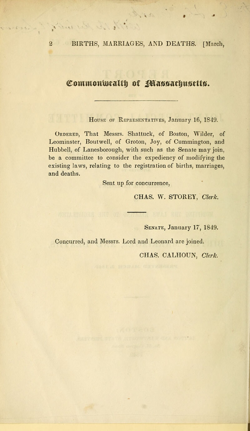 eotttitiontealilj *tf J^aasactmgettfiu House of Representatives, January 16, 1849. Ordered, That Messrs. Shattuck, of Boston, Wilder, of Leominster, Boutwell, of Groton, Joy, of Cummington, and Hubbell, of Lanesborough, with such as the Senate may join, be a committee to consider the expediency of modifying the existing laws, relating to the registration of births, marriages, and deaths. Sent up for concurrence, CHAS. W. STOREY, Clerk. Senate, January 17, 1849. Concurred, and Messrs. Lord and Leonard are joined. CHAS. CALHOUN, Clerk.