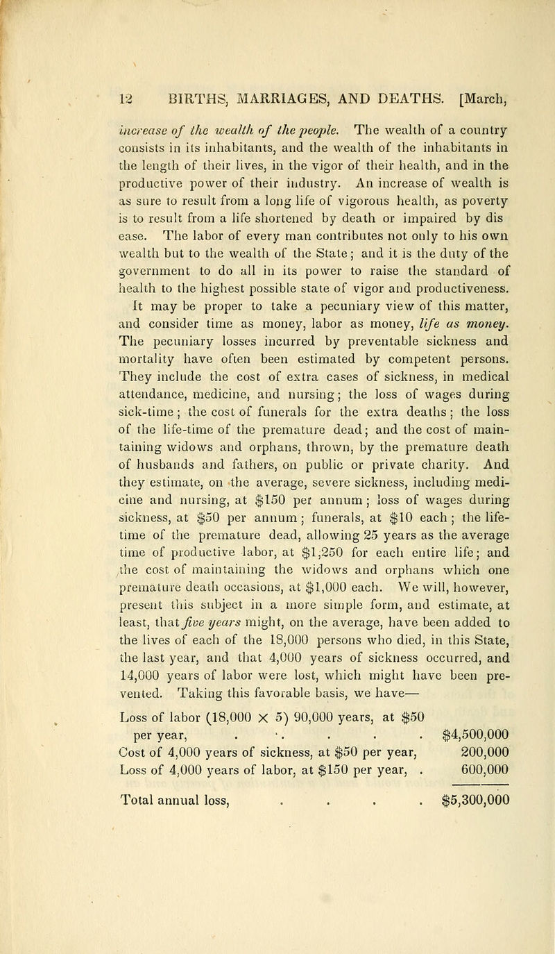 increase of the wealth of the people. The wealth of a country consists in its inhabitants, and the wealth of the inhabitants in the length of their lives, in the vigor of their health, and in the productive power of their industry. An increase of wealth is as sure to result from a long life of vigorous health, as poverty is to result from a life shortened by death or impaired by dis ease. The labor of every man contributes not only to his own wealth but to the wealth of the State; and it is the duty of the government to do all in its power to raise the standard of health to the highest possible state of vigor and productiveness. It may be proper to take a pecuniary view of this matter, and consider time as money, labor as money, life as money. The pecuniary losses incurred by preventable sickness and mortality have often been estimated by competent persons. They include the cost of extra cases of sickness, in medical attendance, medicine, and nursing; the loss of wages during sick-time ; the cost of funerals for the extra deaths ; the loss of the life-time of the premature dead; and the cost of main- taining widows and orphans, thrown, by the premature death of husbands and fathers, on public or private charity. And they estimate, on the average, severe sickness, including medi- cine and nursing, at $150 per annum; loss of wages during sickness, at $50 per annum; funerals, at $10 each; the life- time of the premature dead, allowing 25 years as the average time of productive labor, at $1,250 for each entire life; and the cost of maintaining the widows and orphans which one premature death occasions, at $1,000 each. We will, however, present this subject in a more simple form, and estimate, at least, that five years might, on the average, have been added to the lives of each of the 18,000 persons who died, in this State, the last year, and that 4,000 years of sickness occurred, and 14,000 years of labor were lost, which might have been pre- vented. Taking this favorable basis, we have— Loss of labor (18,000 X 5) 90,000 years, at $50 per year, . . . . $4,500,000 Cost of 4,000 years of sickness, at $50 per year, 200,000 Loss of 4,000 years of labor, at $150 per year, . 600,000 Total annual loss, .... $5,300,000