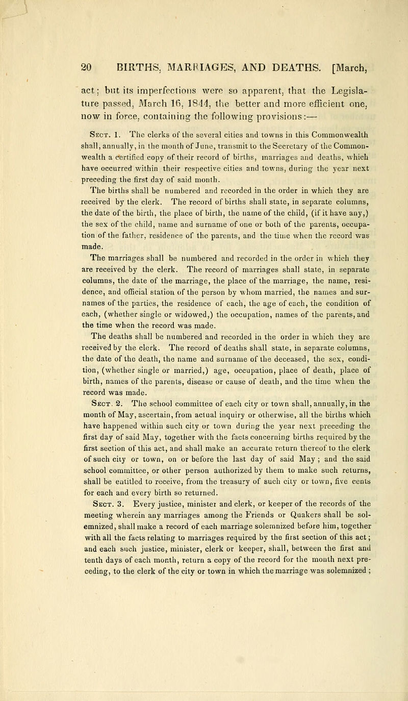 act; but its imperfections were so apparent, that the Legisla- ture passed, March 16. 1844, the better and more efficient one, now in force, containing the following provisions:— Sect. 1. The clerks of the several cities and towns in this Commonwealth shall, annually, in the month of June, transmit to the Secretary of the Common- wealth a certified copy of their record of births, marriages and deaths, which have occurred within their respective cities and towns, during- the year next preceding the first day of said month. The births shall be numbered and recorded in the order in which they are received by the clerk. The record of births shall state, in separate columns, the date of the birth, the place of birth, the name of the child, (if it have any,) the sex of the child, name and surname of one or both of the parents, occupa- tion of the father, residence of the parents, and the time when the record was made. The marriages shall be numbered and recorded in the order in which they are received by the clerk. The record of marriages shall state, in separate columns, the date of the marriage, the place of the marriage, the name, resi- dence, and official station of the person by whom married, the names and sur- names of the parties, the residence of each, the age of each, the condition of each, (whether single or widowed,) the occupation, names of the parents, and the time when the record was made. The deaths shall be numbered and recorded in the order in which they are received by the clerk. The record of deaths shall state, in separate columns, the date of the death, the name and surname of the deceased, the sex, condi- tion, (whether single or married,) age, occupation, place of death, place of birth, names of the parents, disease or cause of death, and the time when the record was made. Sect, 2. The school committee of each city or town shall, annually, in the month of May, ascertain, from actual inquiry or otherwise, all the births which have happened within such city or town during the year next preceding the first day of said May, together with the facts concerning births required by the first section of this act, and shall make an accurate return thereof to the clerk of such city or town, on or before the last day of said May; and the said school committee, or other person authorized by them to make such returns, shall be entitled to receive, from the treasury of such city or town, five cents for each and every birth so returned. Sect. 3. Every justice, minister and clerk, or keeper of the records of the meeting wherein any marriages among the Friends or Quakers shall be sol- emnized, shall make a record of each marriage solemnized before him, together with all the facts relating to marriages required by the first section of this act; and each such justice, minister, clerk or keeper, shall, between the first and tenth days of each month, return a copy of the record for the month next pre- ceding, to the clerk of the city or town in which the marriage was solemnized ;