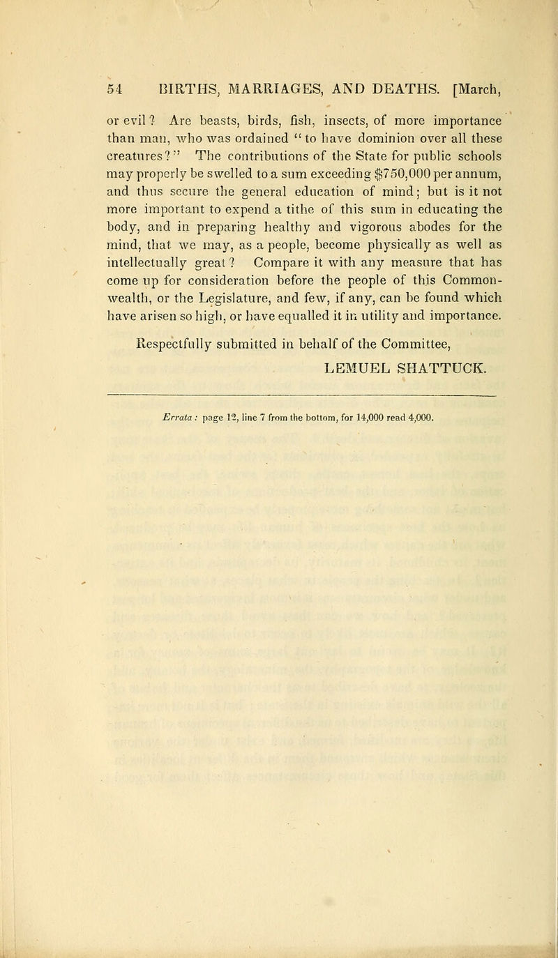 or evil ? Are beasts, birds, fish, insects, of more importance than man, who was ordained to have dominion over all these creatures? The contributions of the State for public schools may properly be swelled to a sum exceeding $750,000 per annum, and thus secure the general education of mind; but is it not more important to expend a tithe of this sum in educating the body, and in preparing healthy and vigorous abodes for the mind, that, we may, as a people, become physically as well as intellectually great ? Compare it with any measure that has come up for consideration before the people of this Common- wealth, or the Legislature, and few, if any, can be found which have arisen so high, or have equalled it in utility and importance. Respectfully submitted in behalf of the Committee, LEMUEL SHATTUCK. Errata : page 12, line 7 from the bottom, for 14,000 read 4,000.