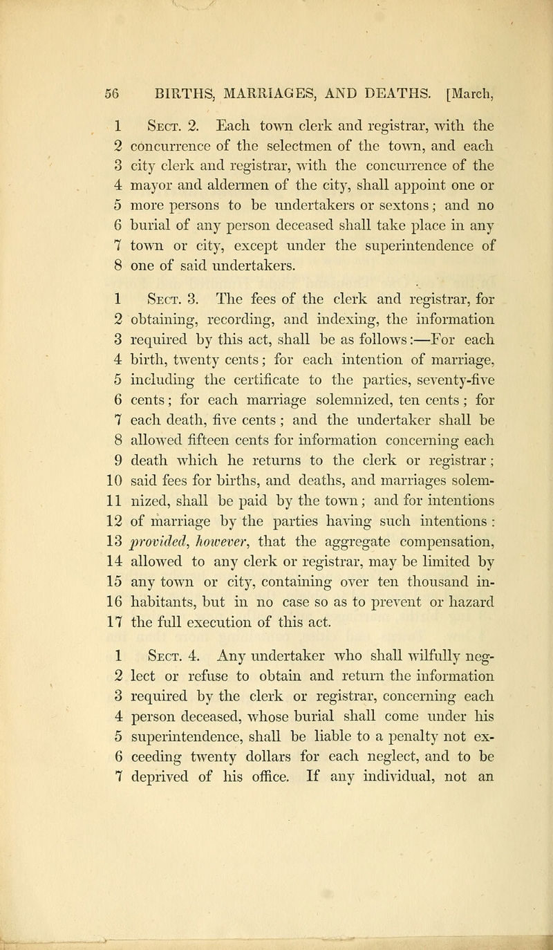 1 Sect. 2. Each town clerk and registrar, with the 2 concurrence of the selectmen of the town, and each 3 city clerk and registrar, with the concurrence of the 4 mayor and aldermen of the city, shall appoint one or 5 more persons to be undertakers or sextons; and no 6 burial of any person deceased shall take place in any 7 town or city, except under the superintendence of 8 one of said undertakers. 1 Sect. 3. The fees of the clerk and registrar, for 2 obtaining, recording, and indexing, the information 3 required by this act, shall be as follows:—For each 4 birth, twenty cents; for each intention of marriage, 5 including the certificate to the parties, seventy-five 6 cents; for each marriage solemnized, ten cents; for 7 each death, five cents; and the undertaker shall be 8 allowed fifteen cents for information concerning each 9 death which he returns to the clerk or registrar; 10 said fees for births, and deaths, and marriages solem- 11 nized, shall be paid by the town; and for intentions 12 of marriage by the parties having such intentions : 13 provided, however, that the aggregate compensation, 14 allowed to any clerk or registrar, may be limited by 15 any town or city, containing over ten thousand in- 16 habitants, but in no case so as to prevent or hazard 17 the full execution of this act. 1 Sect. 4. Any undertaker who shall wilfully neg- 2 lect or refuse to obtain and return the information 3 required by the clerk or registrar, concerning each 4 person deceased, whose burial shall come under his 5 superintendence, shall be liable to a penalty not ex- 6 ceeding twenty dollars for each neglect, and to be 7 deprived of his office. If any individual, not an