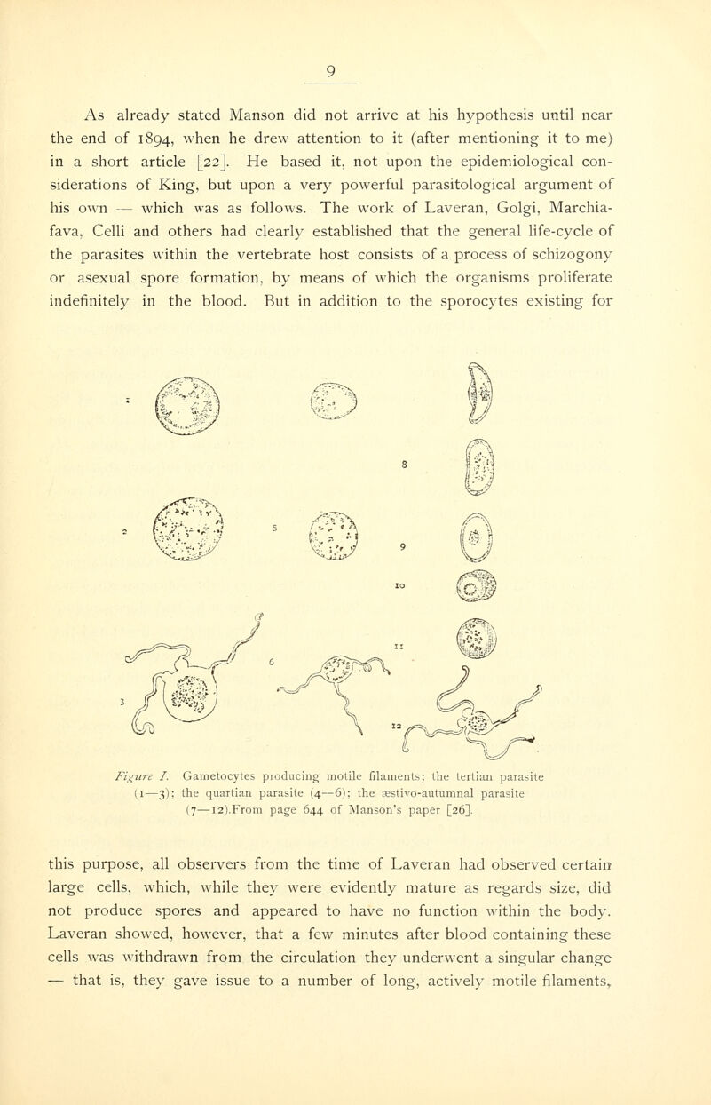 As already stated Manson did not arrive at his hypothesis until near the end of 1894, when he drew attention to it (after mentioning it to me) in a short article [22]. He based it, not upon the epidemiological con- siderations of King, but upon a very powerful parasitological argument of his own — which was as follows. The work of Laveran, Golgi, Marchia- fava, Celli and others had clearly established that the general Ufe-cycle of the parasites within the vertebrate host consists of a process of schizogony or asexual spore formation, by means of which the organisms proliferate indefinitely in the blood. But in addition to the sporocytes existing for Figure I. Gametocytes producing motile filaments; the tertian parasite (I—3): the quartian parasite (4-—6): the sestivo-autumnal parasite (7—12).From page 644 of Manson's paper [26]. this purpose, all observers from the time of Laveran had observed certain large cells, which, while they were evidently mature as regards size, did not produce spores and appeared to have no function within the body. Laveran showed, however, that a few minutes after blood containing these cells was withdrawn from the circulation they underwent a singular change — that is, they gave issue to a number of long, actively motile filaments,.