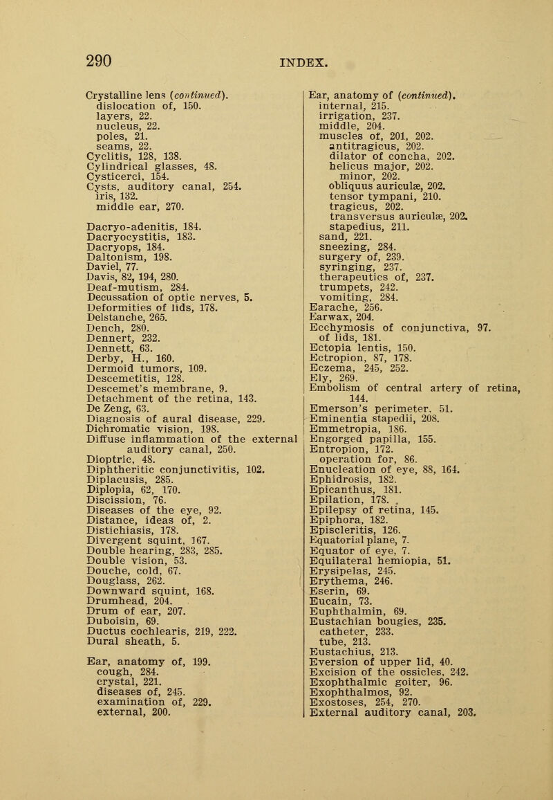 Crystalline lens {continued). dislocation of, 150. layers, 22. nucleus, 22. poles, 21. seams, 22. Cyclitis, 128, 138. Cylindrical glasses, 48. Cysticerci, 154. Cysts, auditory canal, 254. iris, 132. middle ear, 270. Dacryo-adenitis, 184. Dacryocystitis, 183. Dacryops, 184. Daltonism, 198. Daviel, 77. Davis, 82, 194, 280. Deaf-mutism, 284. Decussation of optic nerves, 5. Deformities of lids, 178. Delstanche, 265. Dench, 280. Dennert, 232. Dennett, 63. Derby, H., 160. Dermoid tumors, 109. Descemetitis, 128. Descemet's membrane, 9. Detachment of the retina, 143. De Zeng, 63. Diagnosis of aural disease, 229. Dichromatic vision, 198. Diffuse inflammation of the external auditory canal, 250. Dioptric, 48. Diphtheritic conjunctivitis, 102. Diplacusis, 285. Diplopia, 62, 170. Discission, 76. Diseases of the eye, 92. Distance, ideas of, 2. Distichiasis, 178. Divergent squint, 167. Double hearing, 283, 285. Double vision, 53. Douche, cold, 67. Douglass, 262. Downward squint, 168. Drumhead, 204. Drum of ear, 207. Duboisin, 69. Ductus cochlearis, 219, 222. Dural sheath, 5. Ear, anatomy of, 199. cough, 284. crystal, 221. diseases of, 245. examination of, 229. external, 200. Ear, anatomy of (continued). internal, 215. irrigation, 237. middle, 204. muscles of, 201, 202. antitragicus, 202. dilator of concha, 202. helicus major, 202. minor, 202. obliquus auriculae, 202. tensor tympani, 210. tragicus, 202. transversus auricula, 202. stapedius, 211. sand, 221. sneezing, 284. surgery of, 239. syringing, 237. therapeutics of, 237. trumpets, 242. vomiting, 284. Earache, 256. Earwax, 204. Ecchymosis of conjunctiva, 97. of lids, 181. Ectopia lentis, 150. Ectropion, 87, 178. Eczema, 245, 252. Ely, 269. Embolism of central artery of retina, 144. Emerson's perimeter. 51. Eminentia stapedii, 208. j Emmetropia, 186. Engorged papilla, 155. Entropion, 172. operation for, 86. Enucleation of eye, 88, 164. Ephidrosis, 182. Epicanthus, 181. Epilation, 178. . Epilepsy of retina, 145. Epiphora, 182. Episcleritis, 126. Equatorial plane, 7. Equator of eye, 7. Equilateral hemiopia, 51. Erysipelas, 245. Erythema, 246. Eserin, 69. Eucain, 73. Euphthalmin, 69. Eustachian bougies, 235. catheter, 233. tube, 213. Eustachius, 213. Eversion of upper lid, 40. Excision of the ossicles, 242. Exophthalmic goiter, 96. Exophthalmos, 92. Exostoses, 254, 270. External auditory canal, 203.