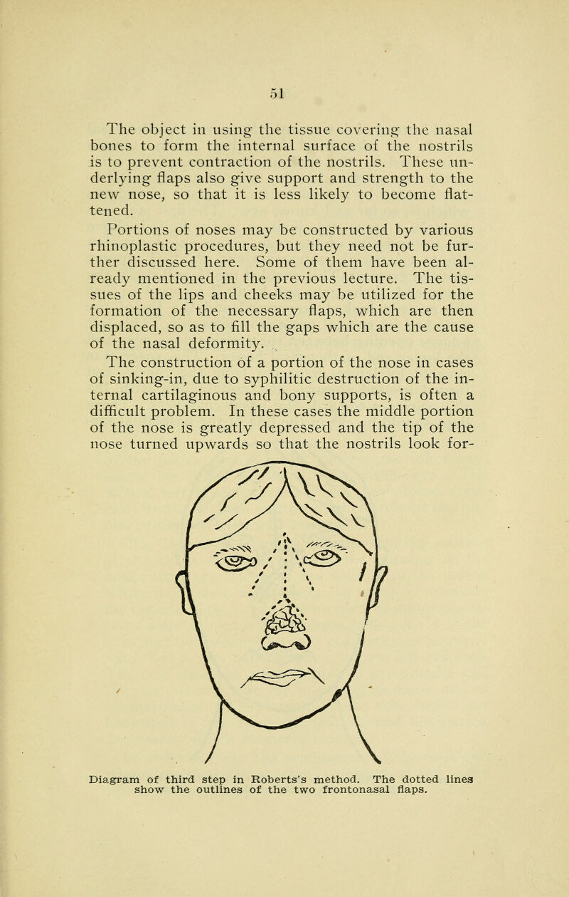 The object in using the tissue coverin.g the nasal bones to form the internal surface of the nostrils is to prevent contraction of the nostrils. These un- derlying flaps also give support and strength to the new nose, so that it is less likely to become flat- tened. Portions of noses may be constructed by various rhinoplastic procedures, but they need not be fur- ther discussed here. Some of them have been al- ready mentioned in the previous lecture. The tis- sues of the lips and cheeks may be utilized for the formation of the necessary flaps, which are then displaced, so as to fill the gaps which are the cause of the nasal deformity. The construction of a portion of the nose in cases of sinking-in, due to syphilitic destruction of the in- ternal cartilaginous and bony supports, is often a difficult problem. In these cases the middle portion of the nose is greatly depressed and the tip of the nose turned upwards so that the nostrils look for- Diagram of third step in Roberts's method. The dotted lines show the outlines of the two frontonasal flaps.