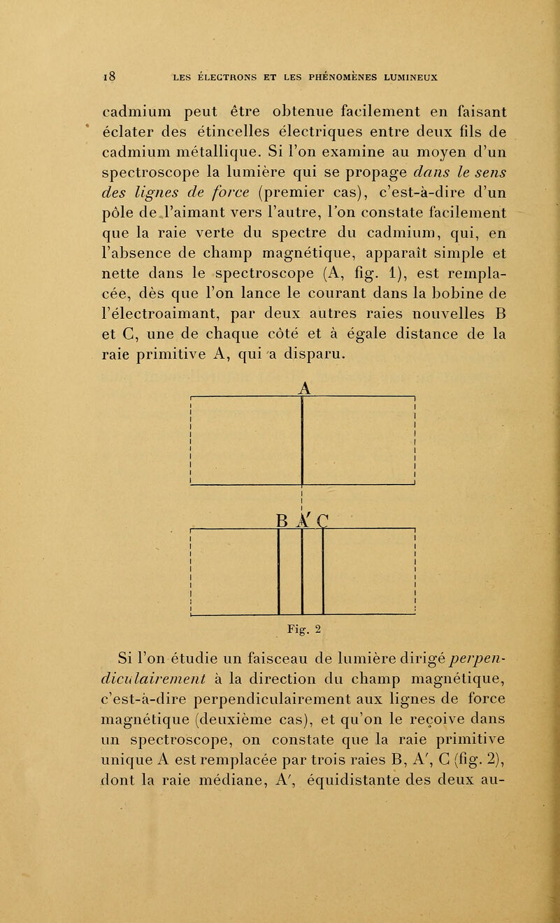 cadmium peut être obtenue facilement en faisant éclater des étincelles électriques entre deux fils de cadmium métallique. Si l'on examine au moyen d'un spectroscope la lumière qui se propage dans le sens des lignes de force (premier cas), c'est-à-dire d'un pôle de l'aimant vers l'autre, l'on constate facilement que la raie verte du spectre du cadmium, qui, en l'absence de champ magnétique, apparaît simple et nette dans le spectroscope (A, fig. 1), est rempla- cée, dès que l'on lance le courant dans la bobine de l'électroaimant, par deux autres raies nouvelles B et C, une de chaque côté et à égale distance de la raie primitive A, qui a disparu. . Fig. 2 Si l'on étudie un faisceau de lumière dirigé/)er/>e7i- diculairement à la direction du champ magnétique, c'est-à-dire perpendiculairement aux lignes de force magnétique (deuxième cas), et qu'on le reçoive dans un spectroscope, on constate que la raie primitive unique A est remplacée par trois raies B, A', G (fig. 2), dont la raie médiane. A', équidistante des deux au-