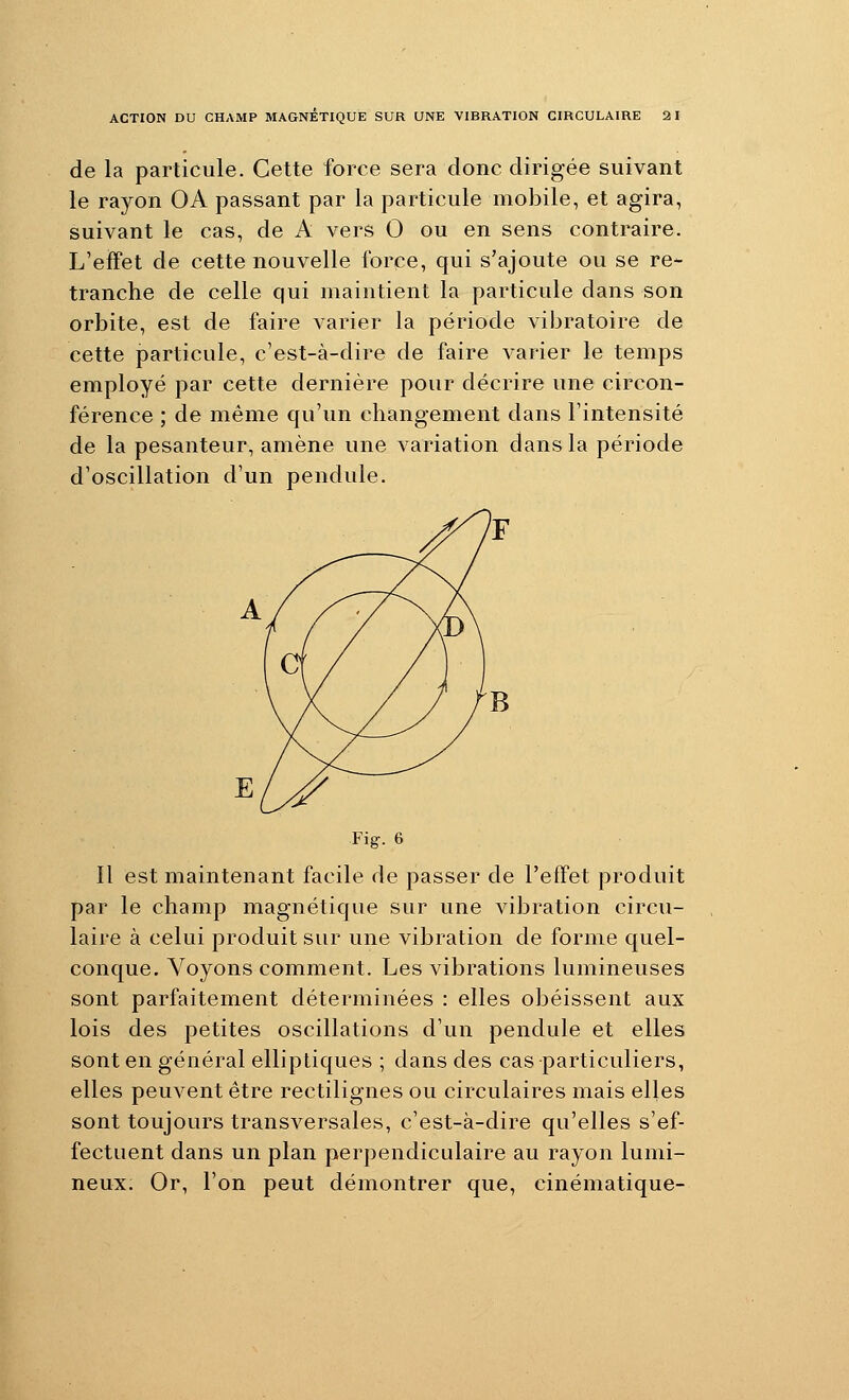 de la particule. Cette force sera donc dirigée suivant le rayon OA passant par la particule mobile, et agira, suivant le cas, de A vers O ou en sens contraire. L'effet de cette nouvelle force, qui s'ajoute ou se re- tranche de celle qui maintient la particule dans son orbite, est de faire varier la période vibratoire de cette particule, c'est-à-dire de faire varier le temps employé par cette dernière pour décrire une circon- férence ; de même qu'un changement dans l'intensité de la pesanteur, amène une variation dans la période d'oscillation d'un pendule. Fig. 6 Il est maintenant facile de passer de l'effet produit par le champ magnétique sur une vibration circu- laire à celui produit sur une vibration de forme quel- conque. Voyons comment. Les vibrations lumineuses sont parfaitement déterminées : elles obéissent aux lois des petites oscillations d'un pendule et elles sont en général elliptiques ; dans des cas particuliers, elles peuvent être rectilignes ou circulaires mais elles sont toujours transversales, c'est-à-dire qu'elles s'ef- fectuent dans un plan perpendiculaire au rayon lumi- neux. Or, l'on peut démontrer que, cinématique-