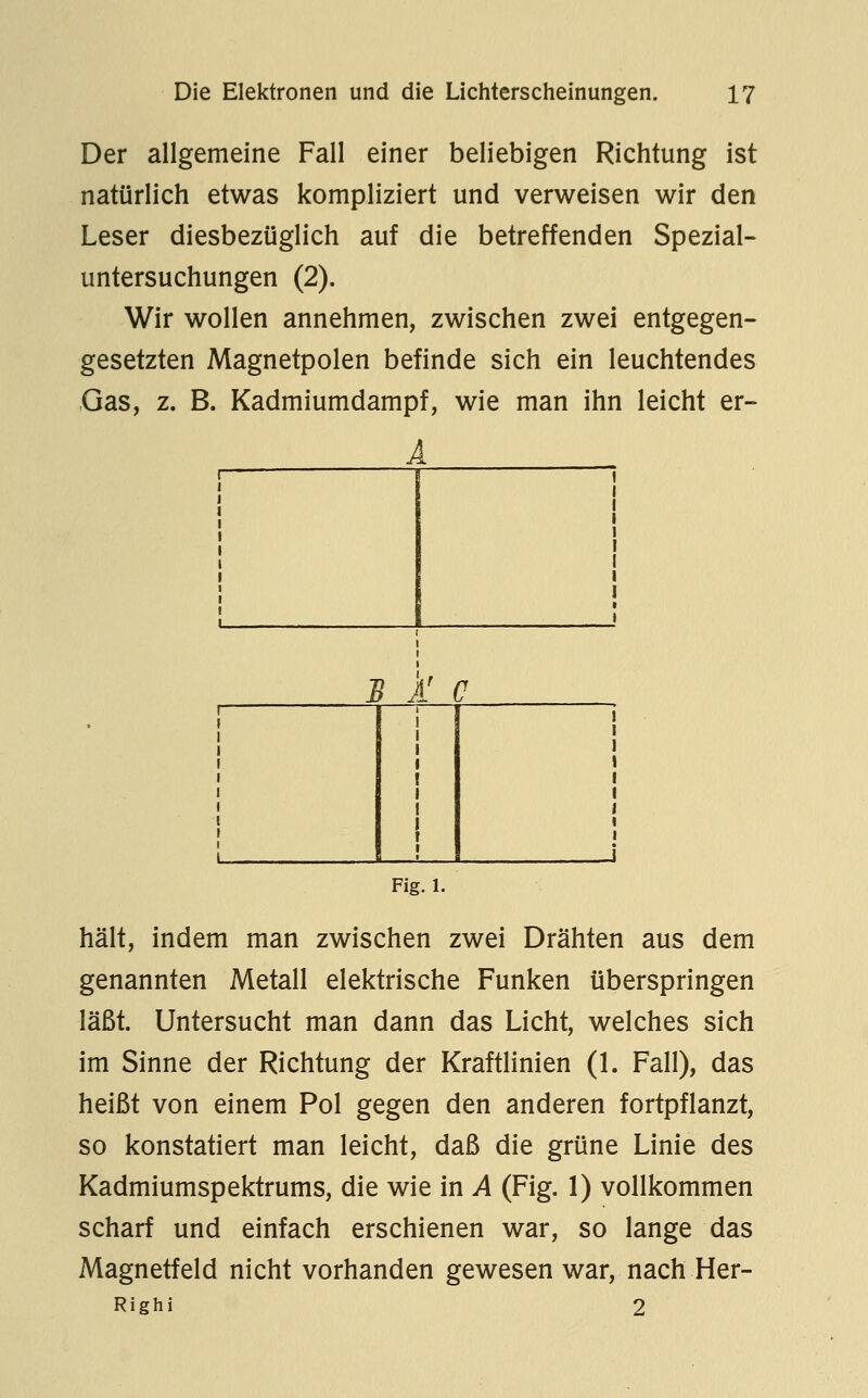 Der allgemeine Fall einer beliebigen Richtung ist natürlich etwas kompliziert und verweisen wir den Leser diesbezüglich auf die betreffenden Spezial- untersuchungen (2). Wir wollen annehmen, zwischen zwei entgegen- gesetzten Magnetpolen befinde sich ein leuchtendes ,Gas, z. B. Kadmiumdampf, wie man ihn leicht er- A B A' ( n 1 Fig. 1. hält, indem man zwischen zwei Drähten aus dem genannten Metall elektrische Funken überspringen läßt. Untersucht man dann das Licht, welches sich im Sinne der Richtung der Kraftlinien (1. Fall), das heißt von einem Pol gegen den anderen fortpflanzt, so konstatiert man leicht, daß die grüne Linie des Kadmiumspektrums, die wie in A (Fig. 1) vollkommen scharf und einfach erschienen war, so lange das Magnetfeld nicht vorhanden gewesen war, nach Her- Righi 2