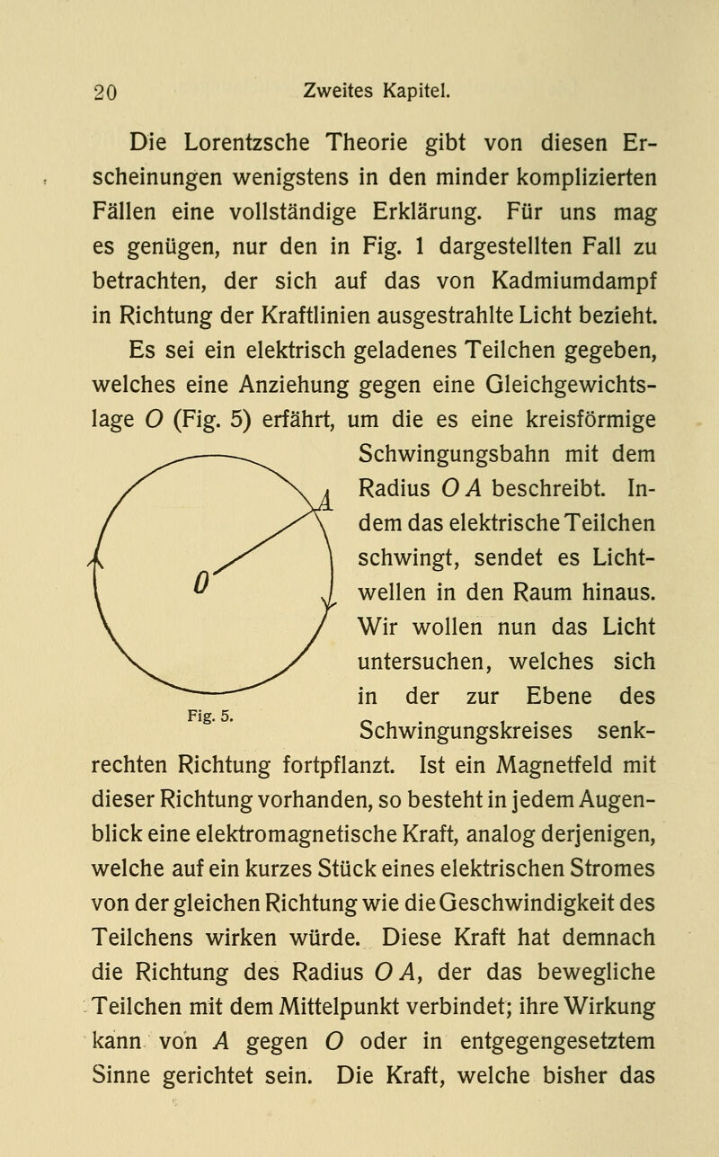 Die Lorentzsche Theorie gibt von diesen Er- scheinungen wenigstens in den minder komplizierten Fällen eine vollständige Erklärung. Für uns mag es genügen, nur den in Fig. 1 dargestellten Fall zu betrachten, der sich auf das von Kadmiumdampf in Richtung der Kraftlinien ausgestrahlte Licht bezieht. Es sei ein elektrisch geladenes Teilchen gegeben, welches eine Anziehung gegen eine Gleichgewichts- lage O (Fig. 5) erfährt, um die es eine kreisförmige Schwingungsbahn mit dem Radius OA beschreibt. In- dem das elektrische Teilchen schwingt, sendet es Licht- wellen in den Raum hinaus. Wir wollen nun das Licht untersuchen, welches sich in der zur Ebene des Fiff. 5. Schwingungskreises senk- rechten Richtung fortpflanzt. Ist ein Magnetfeld mit dieser Richtung vorhanden, so besteht in jedem Augen- blick eine elektromagnetische Kraft, analog derjenigen, welche auf ein kurzes Stück eines elektrischen Stromes von der gleichen Richtung wie die Geschwindigkeit des Teilchens wirken würde. Diese Kraft hat demnach die Richtung des Radius O Ay der das bewegliche Teilchen mit dem Mittelpunkt verbindet; ihre Wirkung kann von A gegen O oder in entgegengesetztem Sinne gerichtet sein. Die Kraft, welche bisher das