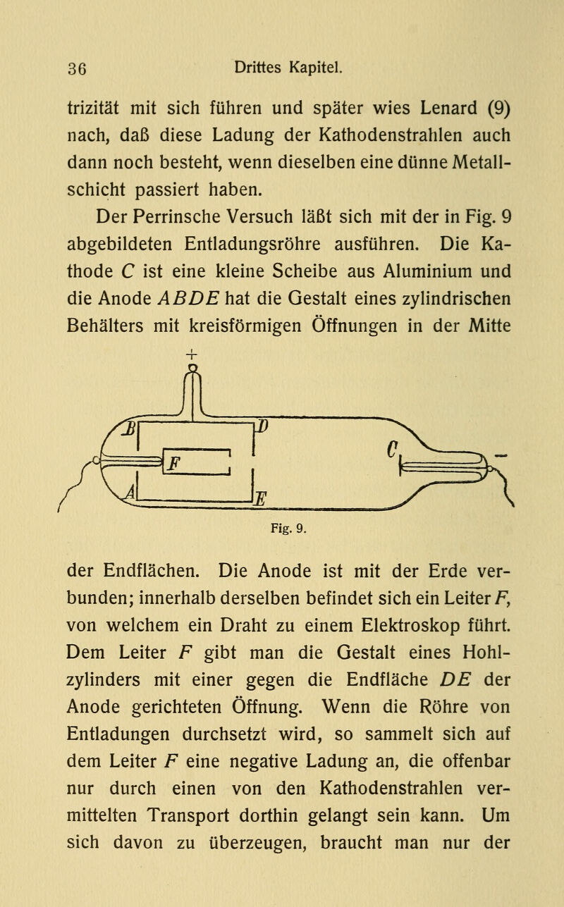 trizität mit sich führen und später wies Lenard (9) nach, daß diese Ladung der Kathodenstrahlen auch dann noch besteht, wenn dieselben eine dünne Metall- schicht passiert haben. Der Perrinsche Versuch läßt sich mit der in Fig. 9 abgebildeten Entladungsröhre ausführen. Die Ka- thode C ist eine kleine Scheibe aus Aluminium und die Anode AB DE hat die Gestalt eines zylindrischen Behälters mit kreisförmigen Öffnungen in der Mitte Fig. 9. der Endflächen. Die Anode ist mit der Erde ver- bunden; innerhalb derselben befindet sich ein Leiter F, von welchem ein Draht zu einem Elektroskop führt. Dem Leiter F gibt man die Gestalt eines Hohl- zylinders mit einer gegen die Endfläche DE der Anode gerichteten Öffnung. Wenn die Röhre von Entladungen durchsetzt wird, so sammelt sich auf dem Leiter F eine negative Ladung an, die offenbar nur durch einen von den Kathodenstrahlen ver- mittelten Transport dorthin gelangt sein kann. Um sich davon zu überzeugen, braucht man nur der