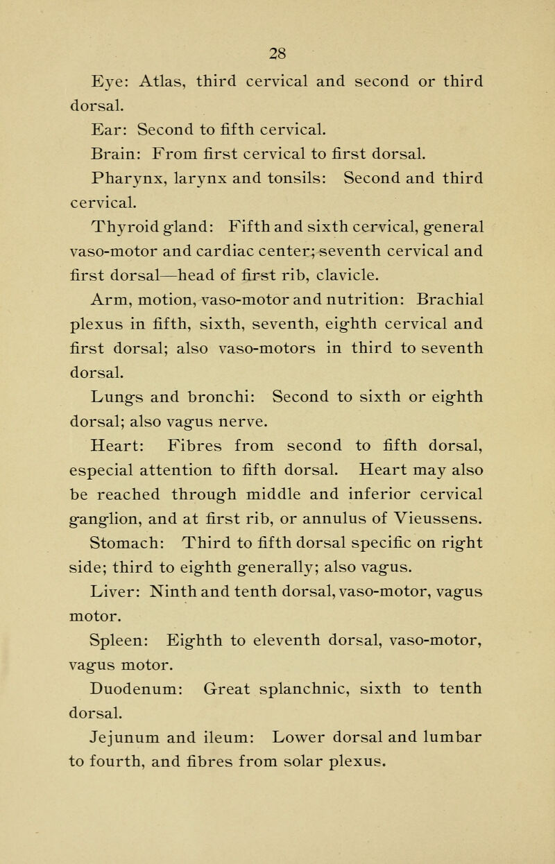 Eye: Atlas, third cervical and second or third dorsal. Ear: Second to fifth cervical. Brain: From first cervical to first dorsal. Pharynx, larynx and tonsils: Second and third cervical. Thyroid g-land: Fifth and sixth cervical, g-eneral vaso-motor and cardiac center-;^eventh cervical and first dorsal—head of first rib, clavicle. Arm, motion, vaso-motor and nutrition: Brachial plexus in fifth, sixth, seventh, eig-hth cervical and first dorsal; also vaso-motors in third to seventh dorsal. Lung-s and bronchi: Second to sixth or eig-hth dorsal; also vag-us nerve. Heart: Fibres from second to fifth dorsal, especial attention to fifth dorsal. Heart may also be reached throug-h middle and inferior cervical g-ang-lion, and at first rib, or annulus of Vieussens. Stomach: Third to fifth dorsal specific on rig-ht side; third to eighth g-enerally; also vag-us. Liver: Ninth and tenth dorsal, vaso-motor, vagus motor. Spleen: Eig-hth to eleventh dorsal, vaso-motor, vag-us motor. Duodenum: Great splanchnic, sixth to tenth dorsal. Jejunum and ileum: Low^er dorsal and lumbar to fourth, and fibres from solar plexus.