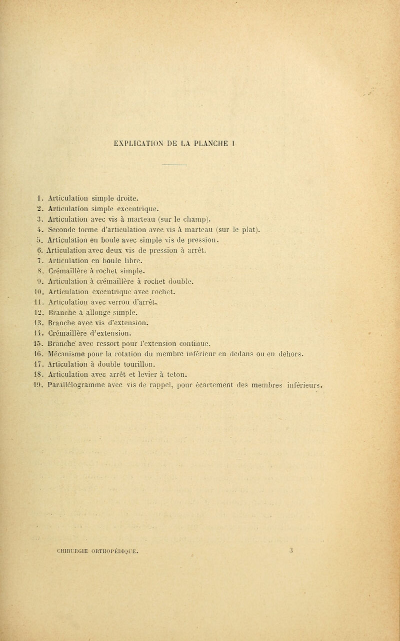 EXPLICATION DE LA PLANCHE I 1. Articulalion simple droite. 2. Articulation simple excentrique. 3. Articulation avec vis à marteau (sur le champ). 4. Seconde forme d'articulation avec vis à marteau (sur le plat). 5. Articulation en boule avec simple vis de pression. 6. Articulation avec deux vis de pression à arrêt. 7. Articulation en boule libre. 8. Crémaillère à rochet simple. 9. Articulation à crémaillère à rochet double. 10. Articulation excentrique avec rochet. 11. Articulation avec verrou d'arrêt. 12. Branche à allonge simple. 13. Branche avec vis d'extension. 14. Crémaillère d'extension. 15. Branche' avec ressort pour l'extension continue. 16. Mécanisme pour la rotation du membre inférieur en dedans ou en dehors. 17. Articulation à double tourillon. 18. Articulation avec arrêt et levier à te ton. 19. Parallélogramme avec vis de rappel, pour écartement des membres inférieur; CHIRURGIE ORTHOPÉDIQUE.
