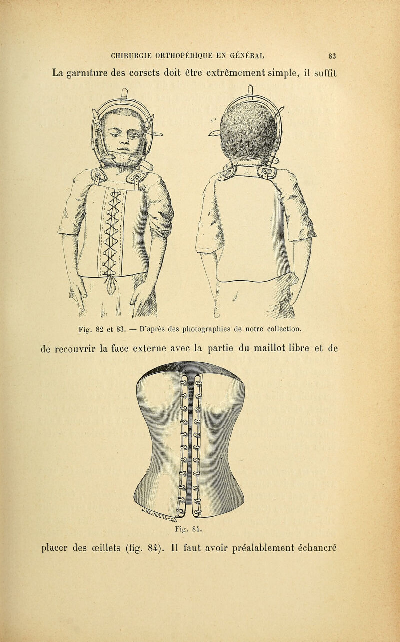 La garniture des corsets doit être extrêmement simple, il suffit Fig. 82 et 83. — D'après des photographies de notre collection. de recouvrir la face externe avec la partie du maillot libre et de Fiff. 84. placer des œillets (fig. 84). Il faut avoir préalablement échancré