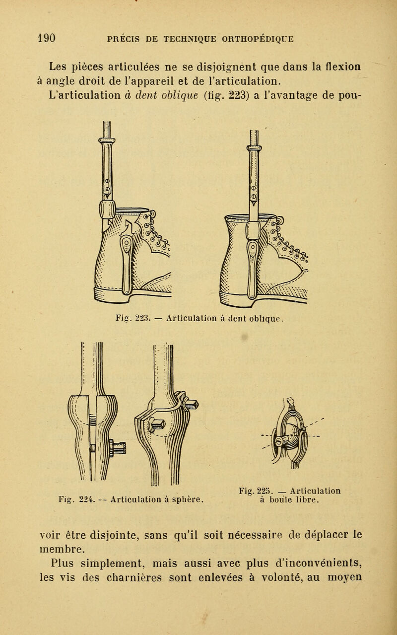 Les pièces articulées ne se disjoignent que dans la flexion à angle droit de l'appareil et de l'articulation. L'articulation à dent oblique (fig. 223) a l'avantage de pou- Fig. 223. — Articulation à dent oblique. Fig. 224. -- Articulation à sphère. Fig. 225. _ Articulation à boule libre. voir être disjointe, sans qu'il soit nécessaire de déplacer le membre. Plus simplement, mais aussi avec plus d'inconvénients, les vis des charnières sont enlevées à volonté, au moyen