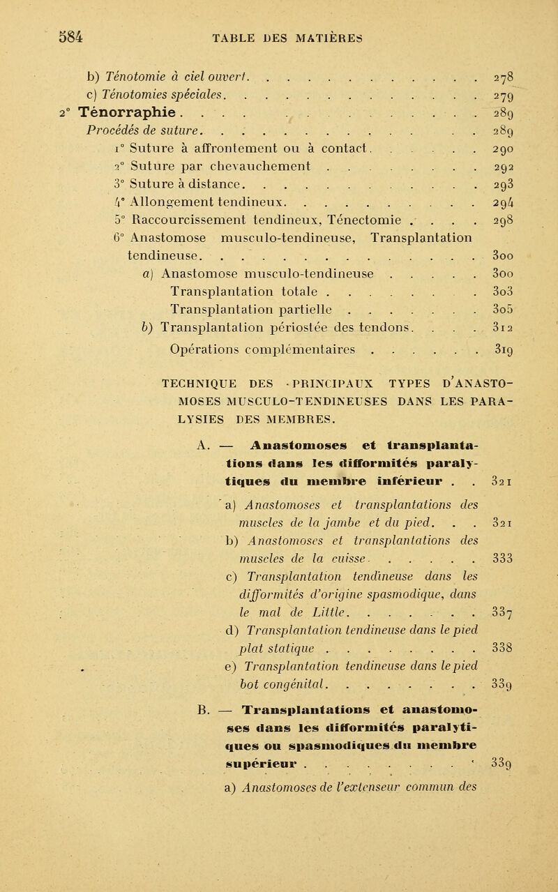 b) Ténotomie à ciel ouvert 278 c) Ténotomies spéciales 27g 20 Ténorraphie.... .289 Procédés de suture . 289 i° Suture à affrontement ou à contact 290 20 Suture par chevauchement 292 3° Suture à distance 293 h Allongement tendineux 294 5° Raccourcissement tendineux, Ténectomie .... 298 6° Anastomose musculo-tendineuse, Transplantation tendineuse 3oo a) Anastomose musculo-tendineuse 3oo Transplantation totale . 3o3 Transplantation partielle 3o5 b) Transplantation périostée des tendons. . . . 3i2 Opérations complémentaires 3ig TECHNIQUE DES PRINCIPAUX TYPES d'ANASTO- MOSES MUSCULO-TENDINEUSES DANS LES PARA- LYSIES DES MEMBRES. A. — Anastomoses et transplanta- tions dans les difformités paraly- tiques du membre inférieur . 321 'a) Anastomoses et transplantations des muscles de la jambe et du pied. . . 321 b) Anastomoses et transplantations des muscles de la cuisse. 333 c) Transplantation tendineuse dans les difformités d'origine spasmodique, dans le mal de Little 337 d) Transplantation tendineuse dans le pied plat statique .. 338 e) Transplantation tendineuse dans lepied bot congénital 33g B. — Transplantations et anastomo- ses dans les difformités paralyti- ques ou spasmodiques du membre supérieur * 33g a) Anastomoses de l'extenseur commun des