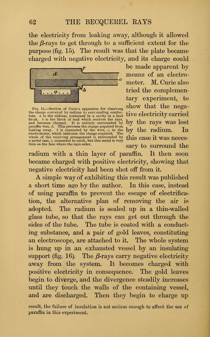 Pig. 15.—Section of Curie's apparatus for observing the charge conveyed by radium to surrounding conduc- tors, a is the radium, contained in a cavity in a lead block, b is the block of lead which receives the rays, and becomes charged. It is entirely surrounded by paraffin wax, d. This prevents the charge acquired from leaking away. 6 is connected by the wire, c, to the electrometer, which indicates the charge acquired. The whole of the receiving arrangement is surrounded by a metal case, e, connected to earth, but this metal is very thin on the face where the rays enter. the electricity from leaking away, although it allowed the /8-rays to get through to a sufficient extent for the purpose (fig. 15). The result was that the plate became charged with negative electricity, and its charge could be made apparent by means of an electro- meter. M. Curie also tried the complemen- tary experiment, to show that the nega- tive electricity carried by the rays was lost by the radium. In this case it was neces- sary to surround the radium with a thin layer of paraffin. It then soon became charged with positive electricity, showing that negative electricity had been shot off from it. A simple way of exhibiting this result was pubhshed a short time ago by the author. In this case, instead of using paraffin to prevent the escape of electrifica- tion, the alternative plan of removing the air is adopted. The radium is sealed up in a thin-walled glass tube, so that the rays can get out through the sides of the tube. The tube is coated with a conduct- ing substance, and a pair of gold leaves, constituting an electroscope, are attached to it. The whole system is hung up in an exhausted vessel by an insulating support (fig. 16). The yS-rays carry negative electricity away from the system. It becomes charged with positive electricity in consequence. The gold leaves begin to diverge, and the divergence steadily increases until they touch the walls of the containing vessel, and are discharged. Then they begin to charge up result, the failure of insulation is not serious enough to affect the use of paraffin in this experiment.