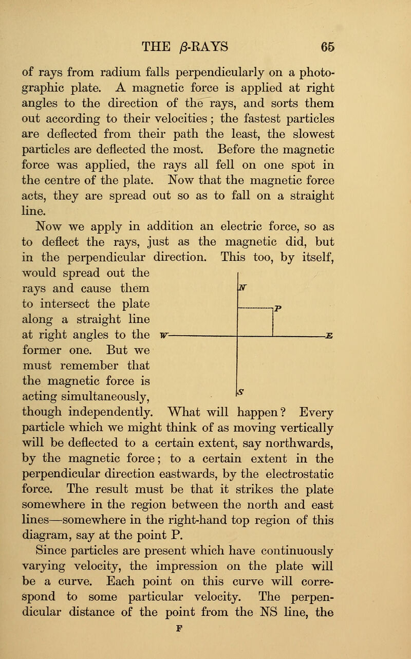 ar of rays from radium falls perpendicularly on a photo- graphic plate. A magnetic force is applied at right angles to the direction of the rays, and sorts them out according to their velocities; the fastest particles are deflected from their path the least, the slowest particles are deflected the most. Before the magnetic force was applied, the rays all fell on one spot in the centre of the plate. Now that the magnetic force acts, they are spread out so as to fall on a straight line. Now we apply in addition an electric force, so as to deflect the rays, just as the magnetic did, but in the perpendicular direction. This too, by itself, would spread out the rays and cause them to intersect the plate along a straight line at right angles to the tt former one. But we must remember that the magnetic force is acting simultaneously, though independently. What will happen? Every particle which we might think of as moving vertically will be deflected to a certain extent, say northwards, by the magnetic force; to a certain extent in the perpendicular direction eastwards, by the electrostatic force. The result must be that it strikes the plate somewhere in the region between the north and east lines—somewhere in the right-hand top region of this diagram, say at the point P. Since particles are present which have continuously varying velocity, the impression on the plate will be a curve. Each point on this curve will corre- spond to some particular velocity. The perpen- dicular distance of the point from the KS line, the p