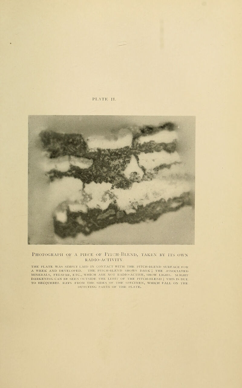 Photograi']! of A PIi:CE OF rFi;H-l<LFNL), TAKFN BY ITS OWN RADIO-ACTIVITY. THE PLATE WAS SIMI'I.Y LAIU IX COiXTACT WITH I HE I'lTCH-lJLEND SURFACE 1-'(1R A WEEK AND DEVEl.Ol'ED. THE P^|•CH-BLE^•D SHOWS DAK'K ; THE ASSOCIATED MINERALS, FELSPAR, ETC., WHICH AKK Nl iT RADIi >-ACTIVE, SHOW LIGHT. SLIGHT DARKENING CAN BK SEEN oirrSIDK THE LI.MIT OF THE ITTCH-BLENI) ; 'PHIS IS DUE TO liECQUEREL RAYS FROJI THE SIDES OK 'l HE Sl'ECIMEN, WHICH FALL ON TPIE OUTLYING PAKTS OF THE PLATE.