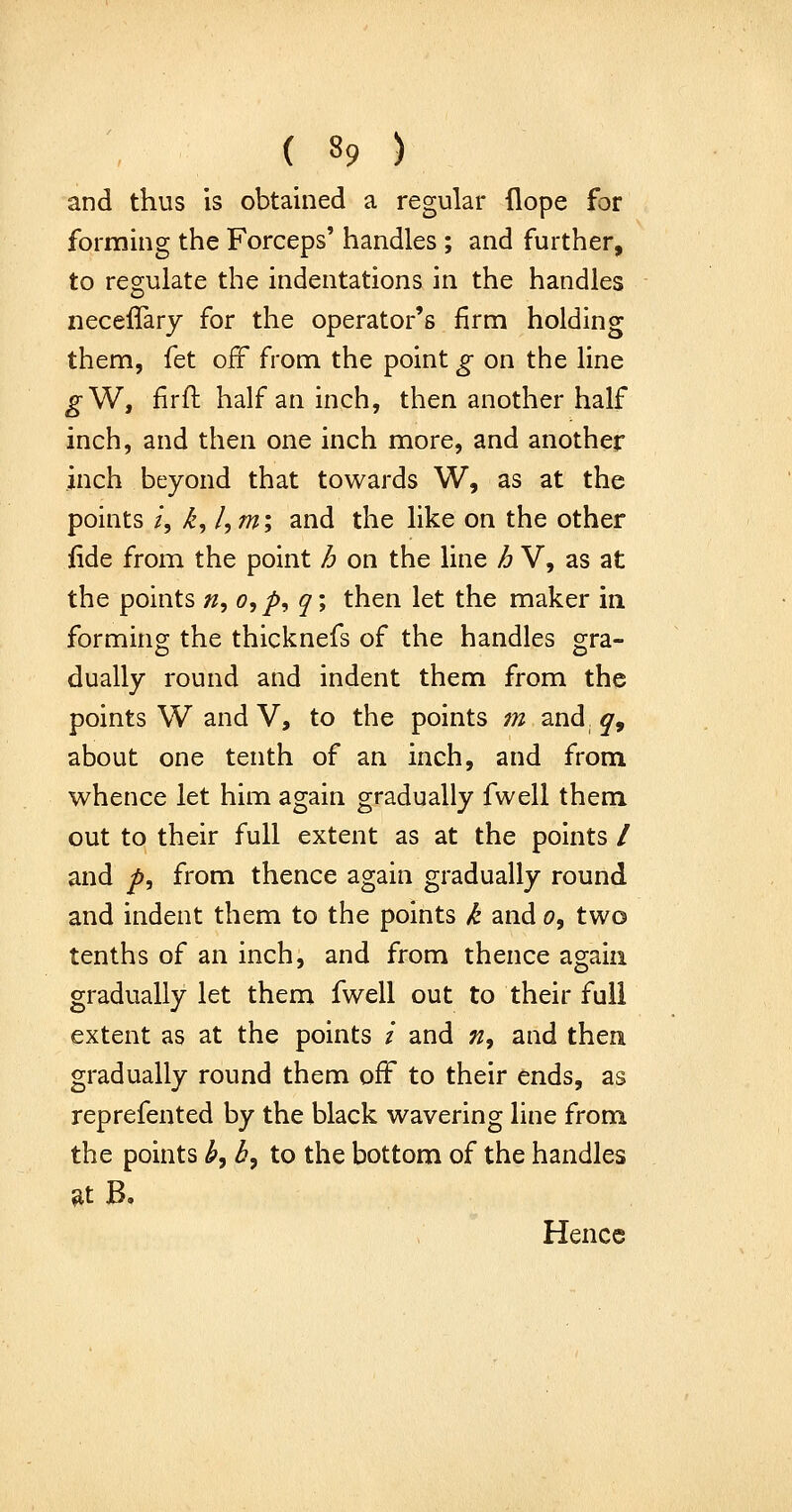 and thus is obtained a regular {lope for forming the Forceps' handles ; and further, to regulate the indentations in the handles neceflary for the operator's firm holding them, fet off from the point g on the line ^W, firil: half an inch, then another half inch, and then one inch more, and another inch beyond that towards W, as at the points /, i, /,m; and the like on the other fide from the point /? on the line A V, as at the points n, o, p, q; then let the maker in forming the thicknefs of the handles gra- dually round and indent them from the points W and V, to the points 7n and^ ^, about one tenth of an inch, and from whence let him again gradually fwell them out to their full extent as at the points / and ^, from thence again gradually round and indent them to the points k and o, two tenths of an inch, and from thence again gradually let them fwell out to their full extent as at the points / and n^ and then gradually round them off to their ends, as reprefented by the black wavering line from the points b^ b^ to the bottom of the handles ^t B. Hence