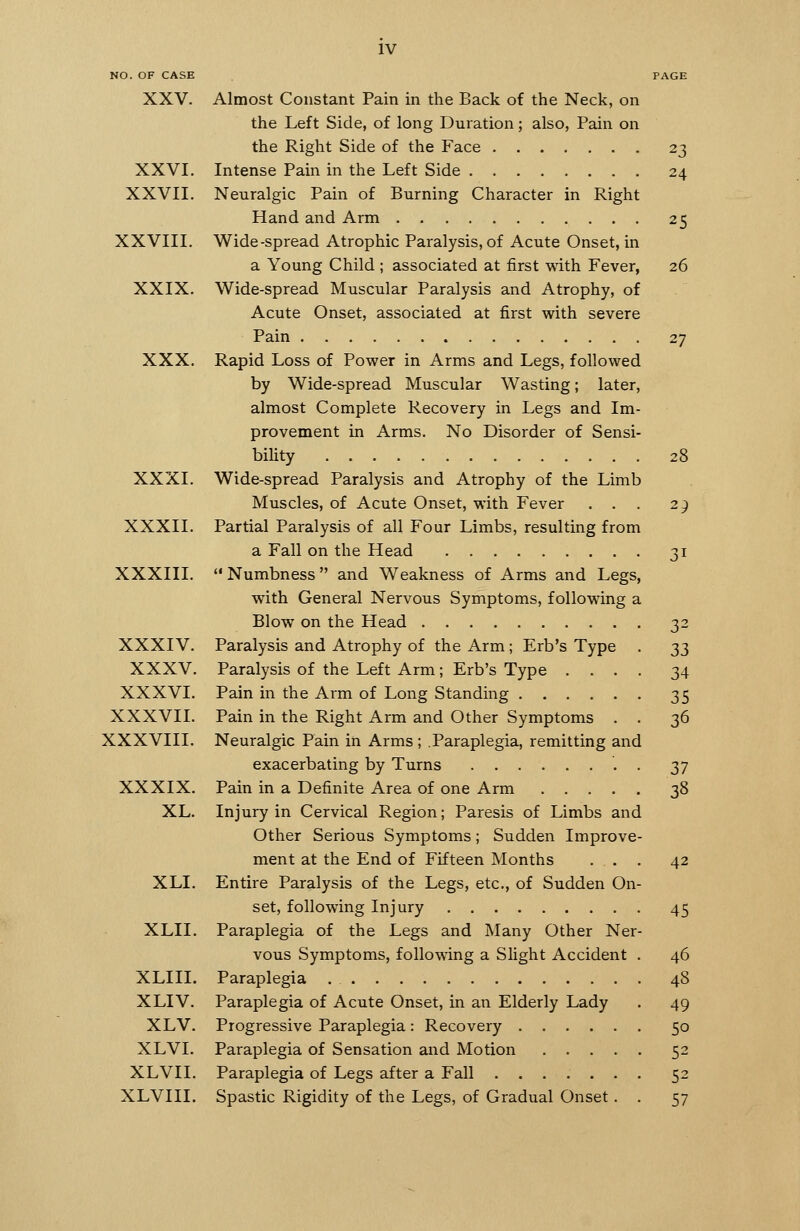 NO. OF CASE XXV. XXVI. XXVII. XXVIII. XXIX. XXX. XXXI. XXXII. XXXIII. XXXIV. XXXV. XXXVI. XXXVII. XXXVIII. XXXIX. XL. XLI. XLII. XLIII. XLIV. XLV. XLVI. XLVII. XLVIII. Almost Constant Pain in the Back of the Neck, on the Left Side, of long Duration; also, Pain on the Right Side of the Face 23 Intense Pain in the Left Side 24 Neuralgic Pain of Burning Character in Right Hand and Arm 25 Wide-spread Atrophic Paralysis, of Acute Onset, in a Young Child ; associated at first with Fever, 26 Wide-spread Muscular Paralysis and Atrophy, of Acute Onset, associated at first with severe Pain 27 Rapid Loss of Power in Arms and Legs, followed by Wide-spread Muscular Wasting; later, almost Complete Recovery in Legs and Im- provement in Arms. No Disorder of Sensi- bility 28 Wide-spread Paralysis and Atrophy of the Limb Muscles, of Acute Onset, with Fever ... 29 Partial Paralysis of all Four Limbs, resulting from a Fall on the Head 31 *• Numbness and Weakness of Arms and Legs, with General Nervous Symptoms, following a Blow on the Head 32 Paralysis and Atrophy of the Arm; Erb's Type . ^3 Paralysis of the Left Arm; Erb's Type .... 34 Pain in the Arm of Long Standing 35 Pain in the Right Arm and Other Symptoms . . 36 Neuralgic Pain in Arms ; Paraplegia, remitting and exacerbating by Turns . 37 Pain in a Definite Area of one Arm 38 Injury in Cervical Region; Paresis of Limbs and Other Serious Symptoms; Sudden Improve- ment at the End of Fifteen Months ... 42 Entire Paralysis of the Legs, etc., of Sudden On- set, following Injury 45 Paraplegia of the Legs and Many Other Ner- vous Symptoms, following a Slight Accident . 46 Paraplegia 48 Paraplegia of Acute Onset, in an Elderly Lady . 49 Progressive Paraplegia : Recovery 50 Paraplegia of Sensation and Motion 52 Paraplegia of Legs after a Fall 52 Spastic Rigidity of the Legs, of Gradual Onset. . 57