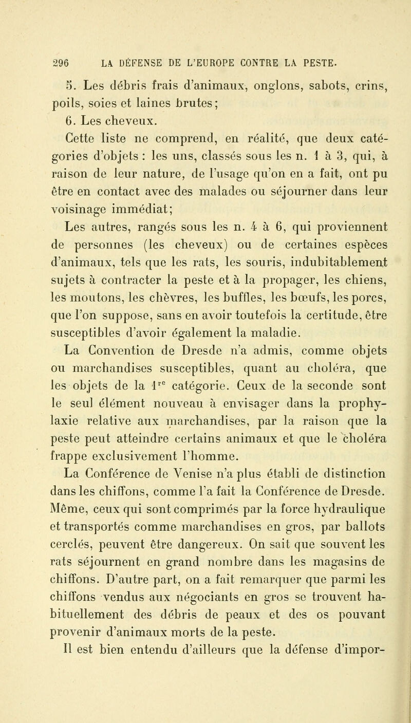 5. Les débris frais d'animaux, onglons, sabots, crins, poils, soies et laines brutes; 6. Les cheveux. Cette liste ne comprend, en réalité, que deux caté- gories d'objets : les uns, classés sous les n. 1 à 3, qui, à raison de leur nature, de l'usage qu'on en a fait, ont pu être en contact avec des malades ou séjourner dans leur voisinage immédiat; Les autres, rangés sous les n. 4 à 6, qui proviennent de personnes (les cheveux) ou de certaines espèces d'animaux, tels que les rats, les souris, indubitablement sujets à contracter la peste et à la propager, les chiens, les moutons, les chèvres, les buffles, les bœufs, les porcs, que l'on suppose, sans en avoir toutefois la certitude, être susceptibles d'avoir également la maladie. La Convention de Dresde n'a admis, comme objets ou marchandises susceptibles, quant au choléra, que les objets de la l'^^ catégorie. Ceux de la seconde sont le seul élément nouveau à envisager dans la prophy- laxie relative aux marchandises, par la raison que la peste peut atteindre certains animaux et que le choléra frappe exclusivement l'homme. La Conférence de Venise n'a plus établi de distinction dans les chiffons, comme l'a fait la Conférence de Dresde. Même, ceux qui sont comprimés par la force hydraulique et transportés comme marchandises en gros, par ballots cerclés, peuvent être dangereux. On sait que souvent les rats séjournent en grand nombre dans les magasins de chiffons. D'autre part, on a fait remarquer que parmi les chiffons vendus aux négociants en gros se trouvent ha- bituellement des débris de peaux et des os pouvant provenir d'animaux morts de la peste. Il est bien entendu d'ailleurs que la défense d'impor-