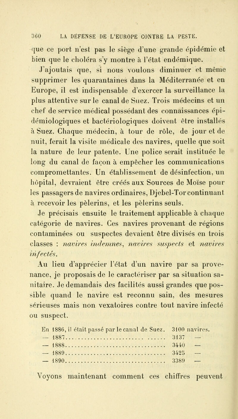 que ce port n'est pas le siège d'une grande épidémie et bien que le choléra s'y montre à l'état endémique. J'ajoutais que, si nous voulons diminuer et même supprimer les quarantaines dans la Méditerranée et en Europe, il est indispensable d'exercer la surveillance la plus attentive sur le canal de Suez. Trois médecins et un chef de service médical possédant des connaissances épi- démiologiques et bactériologiques doivent être installés à Suez. Chaque médecin, à tour de rôle, de jour et de nuit, ferait la visite médicale des navires, quelle que soit la nature de leur patente. Une police serait instituée le long du canal de façon à empêcher les communications compromettantes. Un établissement de désinfection, un hôpital, devraient être créés aux Sources de Moïse pour les passagers de navires ordinaires, Djebel-Tor continuant à recevoir les pèlerins, et les pèlerins seuls. Je précisais ensuite le traitement applicable à chaque catégorie de navires. Ces navires provenant de régions contaminées ou suspectes devaient être divisés en trois classes : navires indemnes^ navires suspects et navires infectés. Au lieu d'apprécier l'état d'un navire par sa prove- nance, je proposais de le caractériser par sa situation sa- nitaire. Je demandais des facilités aussi grandes que pos- sible quand le navire est reconnu sain, des mesures sérieuses mais non vexatoires contre tout navire infecté ou suspect. En 1886, il était passé par le canal de Suez. 3100 navires. — 1887 3137 — — 1888 3440 — — 1889 3425 — — 1890 3389 ^ Voyons maintenant comment ces chiffres peuvent